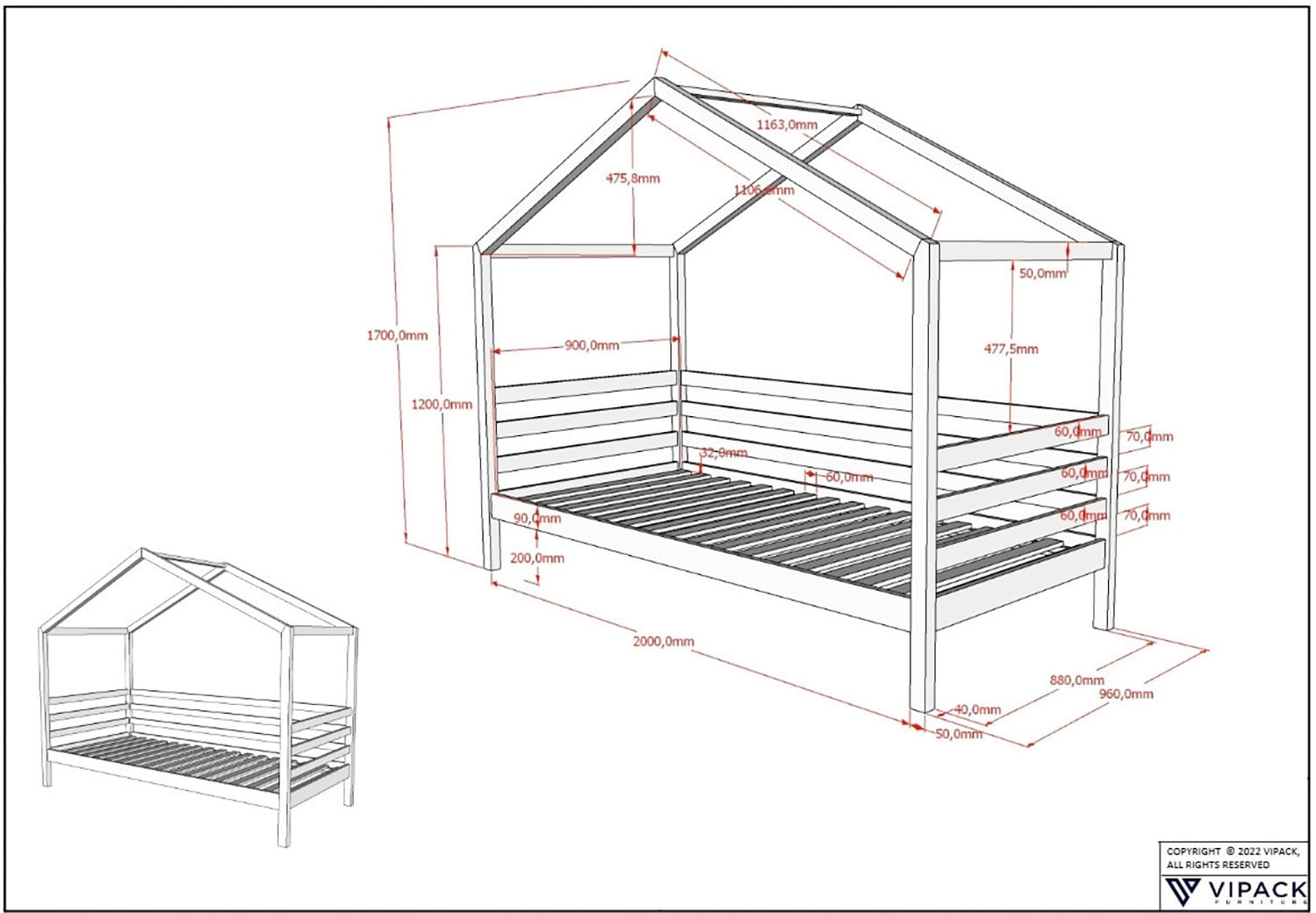 Vipack Hausbett »aus massiver Kiefer, weiß lackiert, stabil gebaut«, 90/200 inkl. Rolllattenrost, Umrandung, Bettschublade u. Dachaufbau