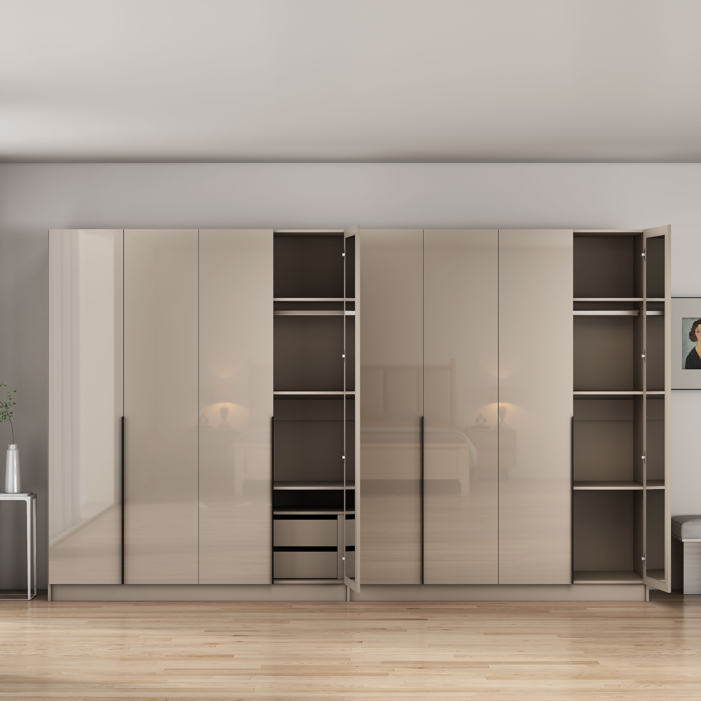 OTTO home Kleiderschrank »Annor Schlafzimmerschrank Breite 323 cm hochglanz Schrank Garderobe« Drehtürenschrank mit perfekter Innenausstattung - elegante Türgriffe