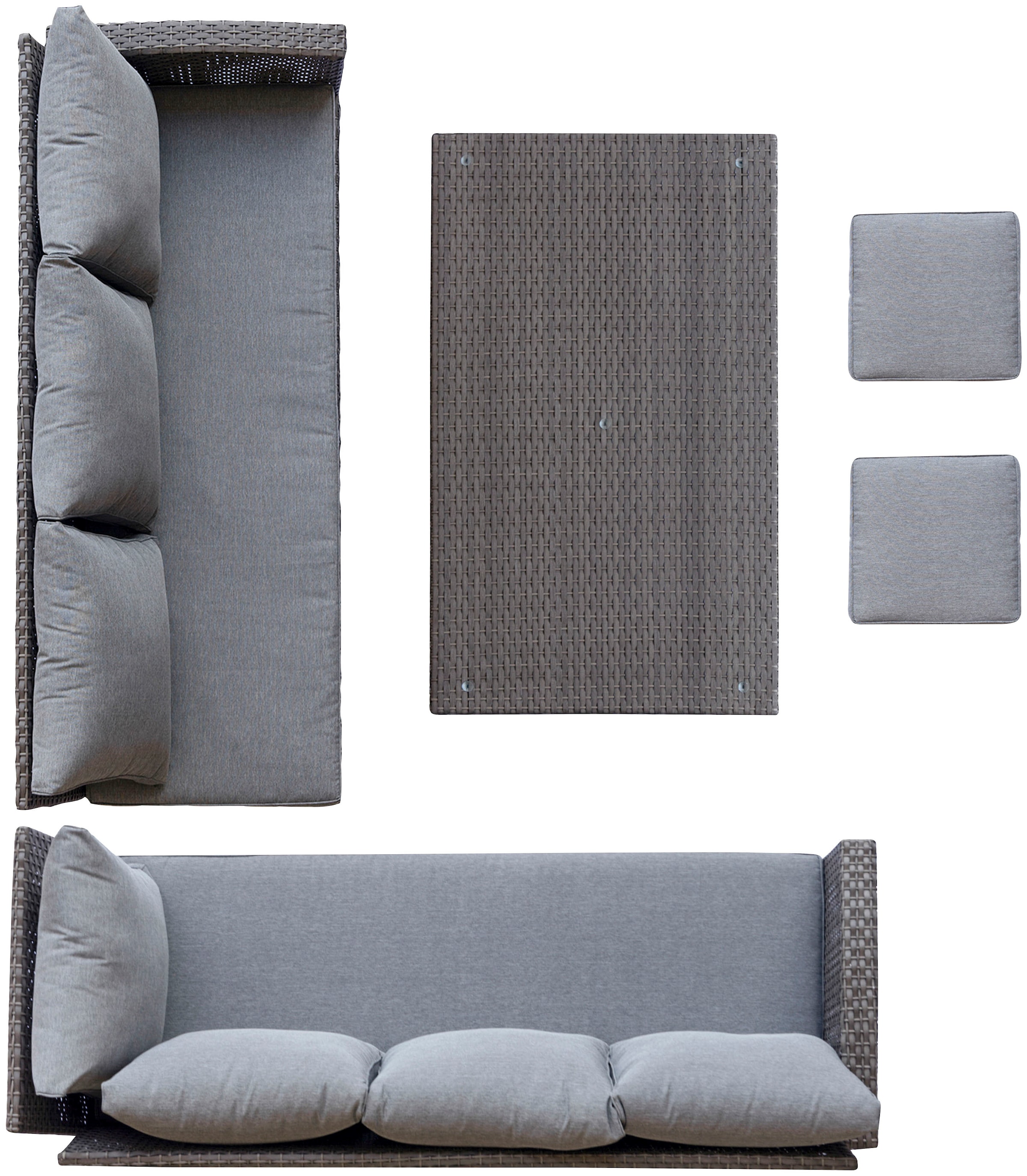 KONIFERA Gartenlounge-Set »London«, (Set, 17 tlg., 2x3er Sofa, 2x Hocker, 1x Tisch 140x80x66cm, inkl. Auflagen), inkl. Schutzhülle, Aluminium, Polyrattan