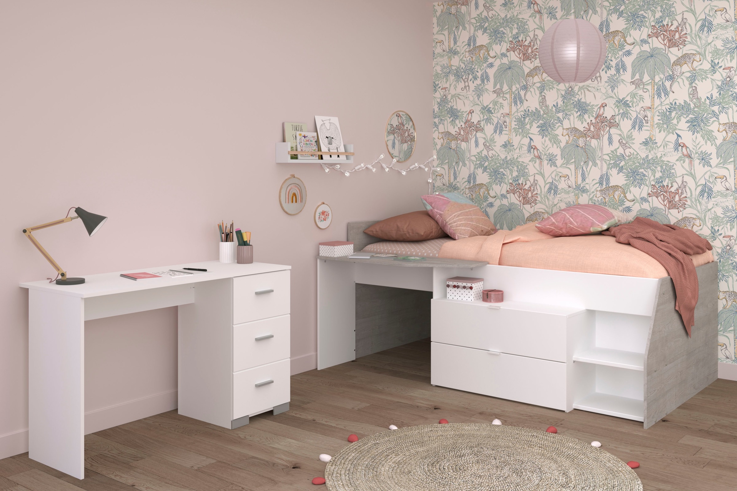 Parisot Jugendzimmer-Set »Parisot Milky 17«, (2 tlg.), halbhohes Hochbett