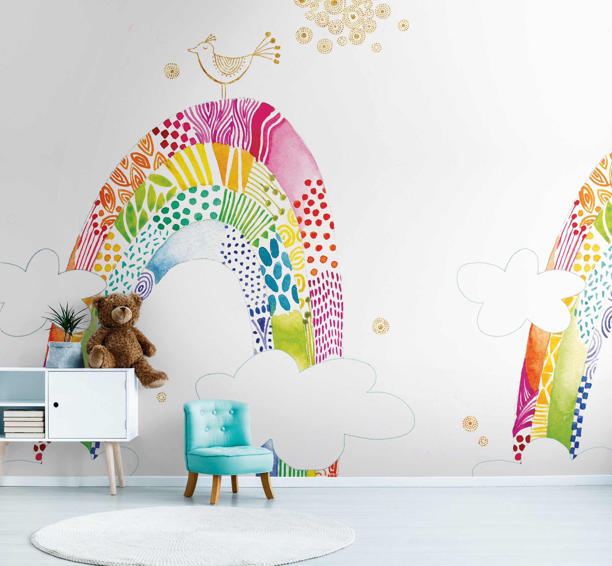 living walls Fototapete "Kinderzimmertapete Regenbogen" gemustert matt neutral glatt Fototapete Wolken Tapeten Kinderzimmer Schlafzimmer modern Design Büro