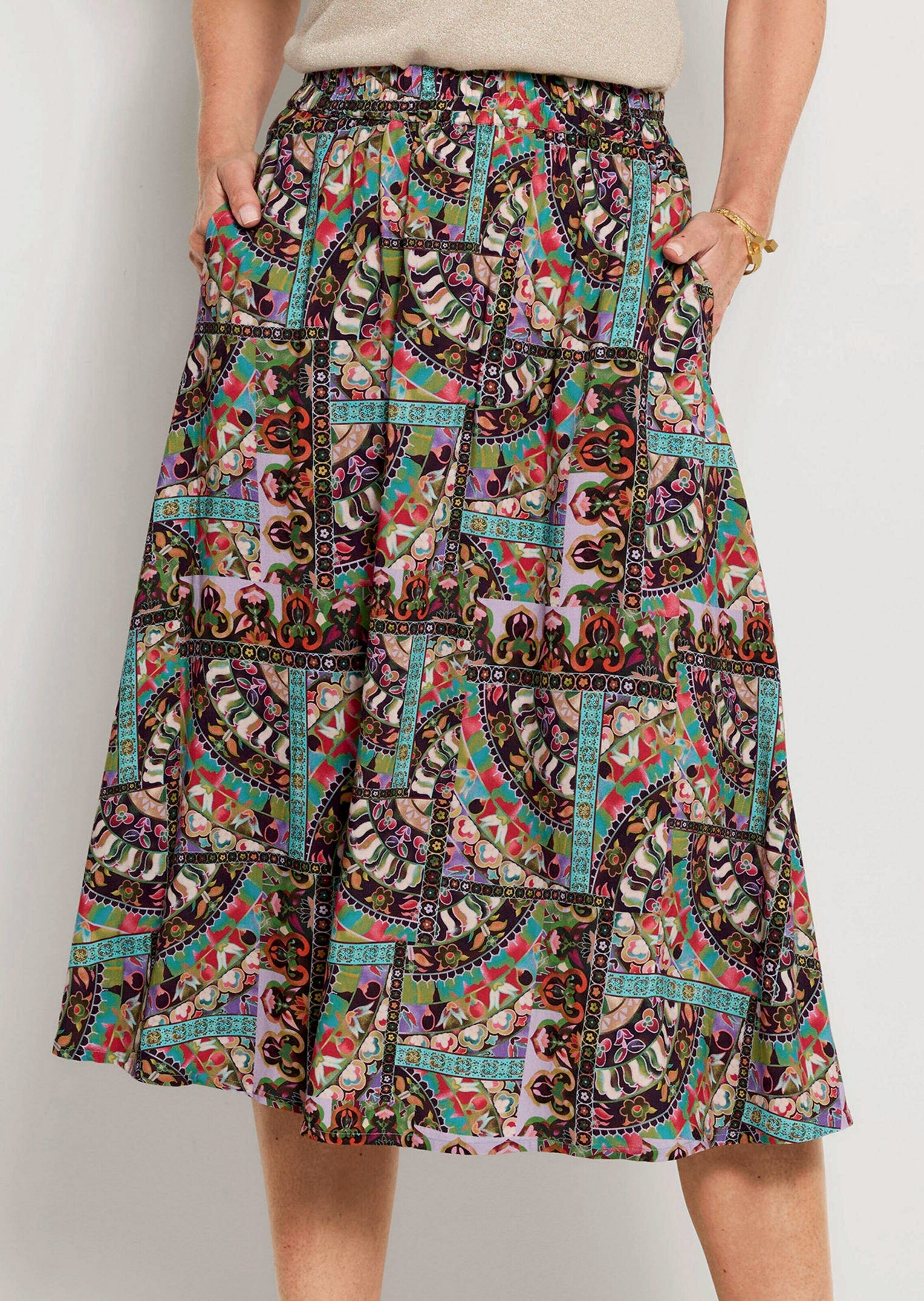 GOLDNER Midirock »Viskoserock mit Patch-Druck« Nahttaschen an der Seite