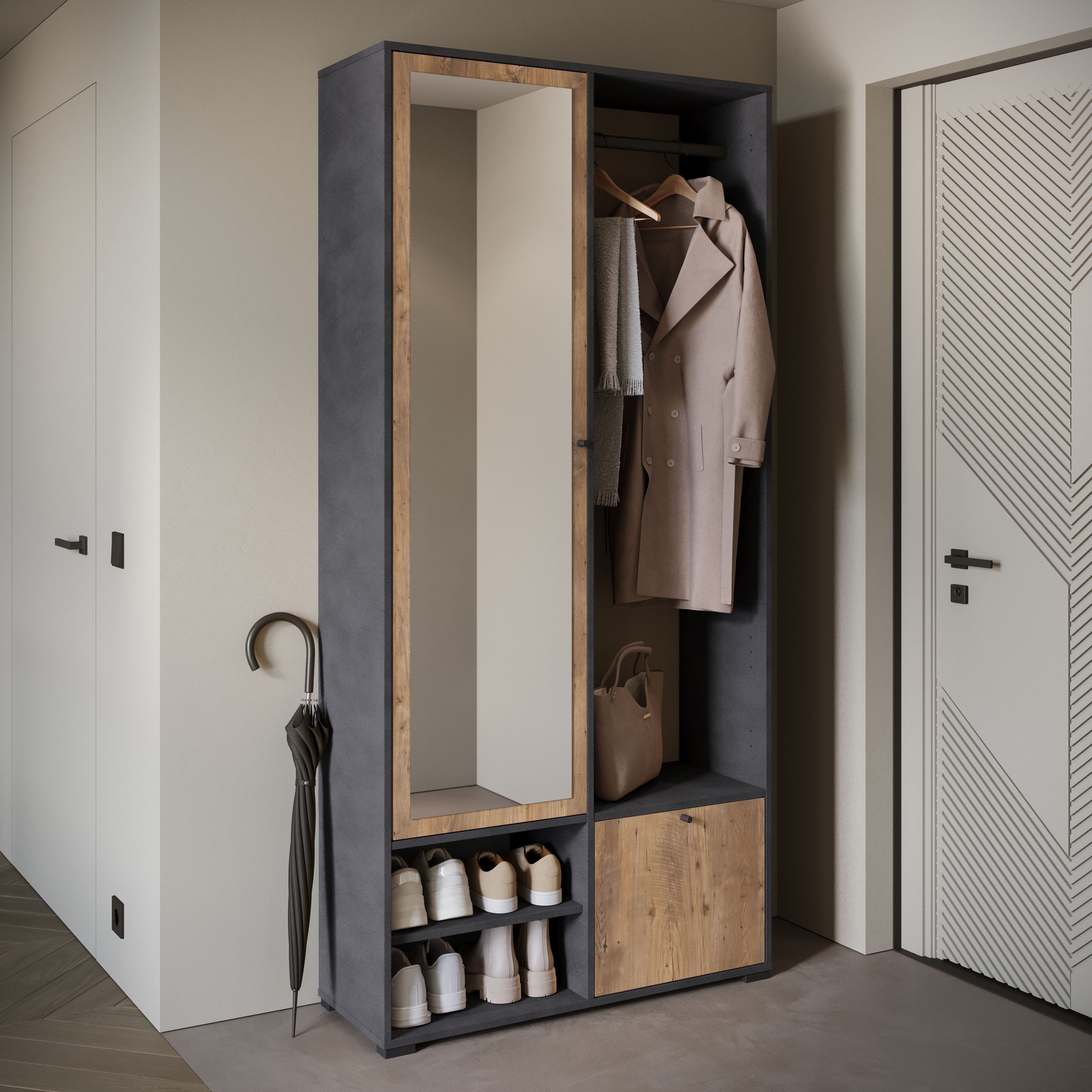 INOSIGN Garderobenschrank »DINO Kompaktgarderobe, Garderoben-Set DINO«, Mit Spiegel und Kleiderstange, 90 cm breit, Türanschlag wechselbar
