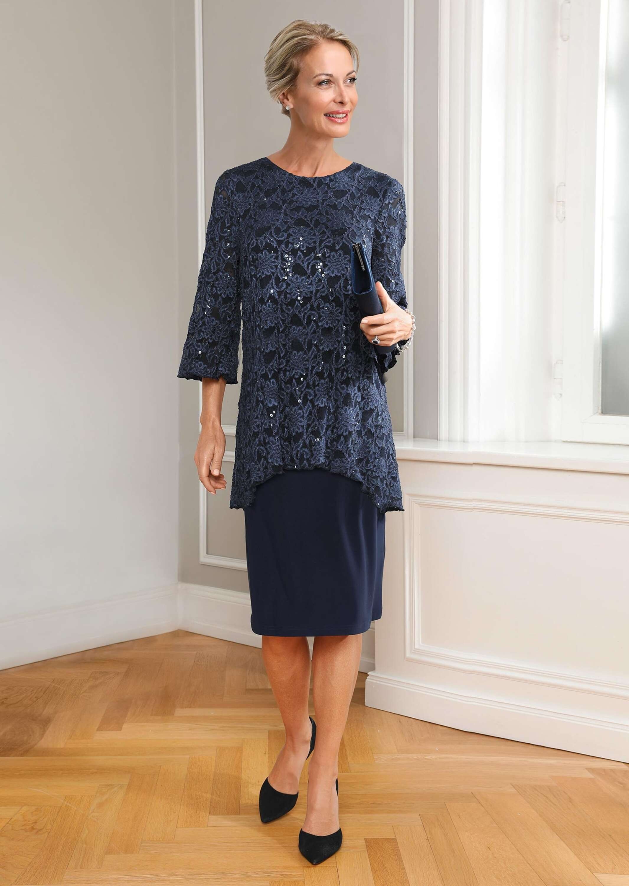 Thumbnail - GOLDNER Etuikleid "Kurzgröße Kleid mit feinem Spitzenüberwurf" Spitze