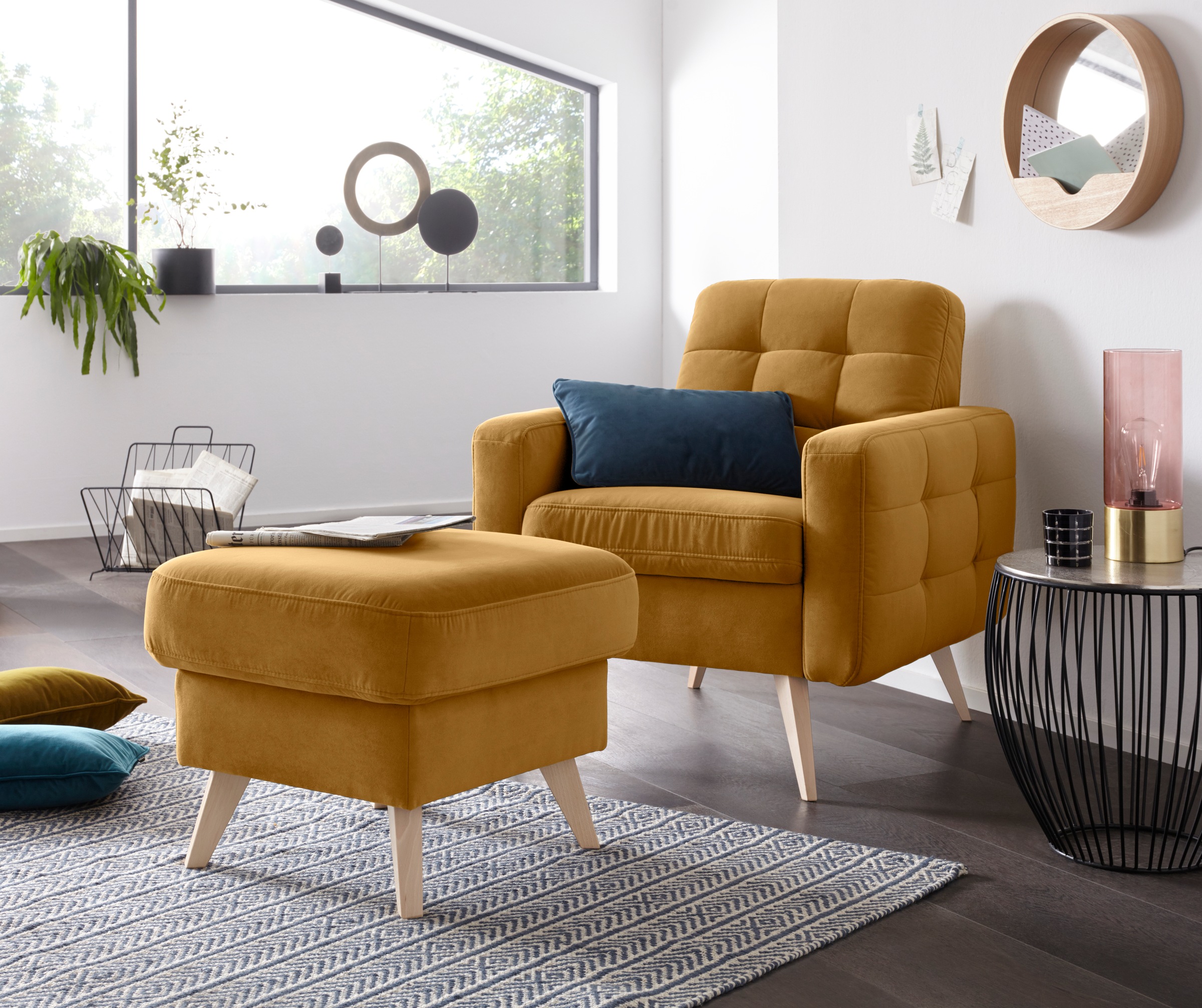 exxpo - sofa fashion Sessel »Nappa, Loungesessel, aktuelle Rückensteppung, bequem und modern«, hoher Holzfuß