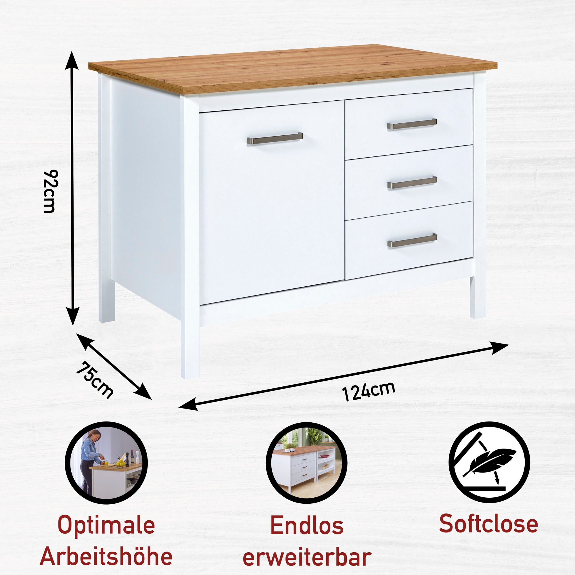 Inter Link Bartisch »Pienza im Skandi Look, multifunktional für Küche & Essbereich, Weiss« 1 Stk. tlg. Kücheninsel mit Soft-Close, Platz für 2 Hocker, 124x75x91 cm