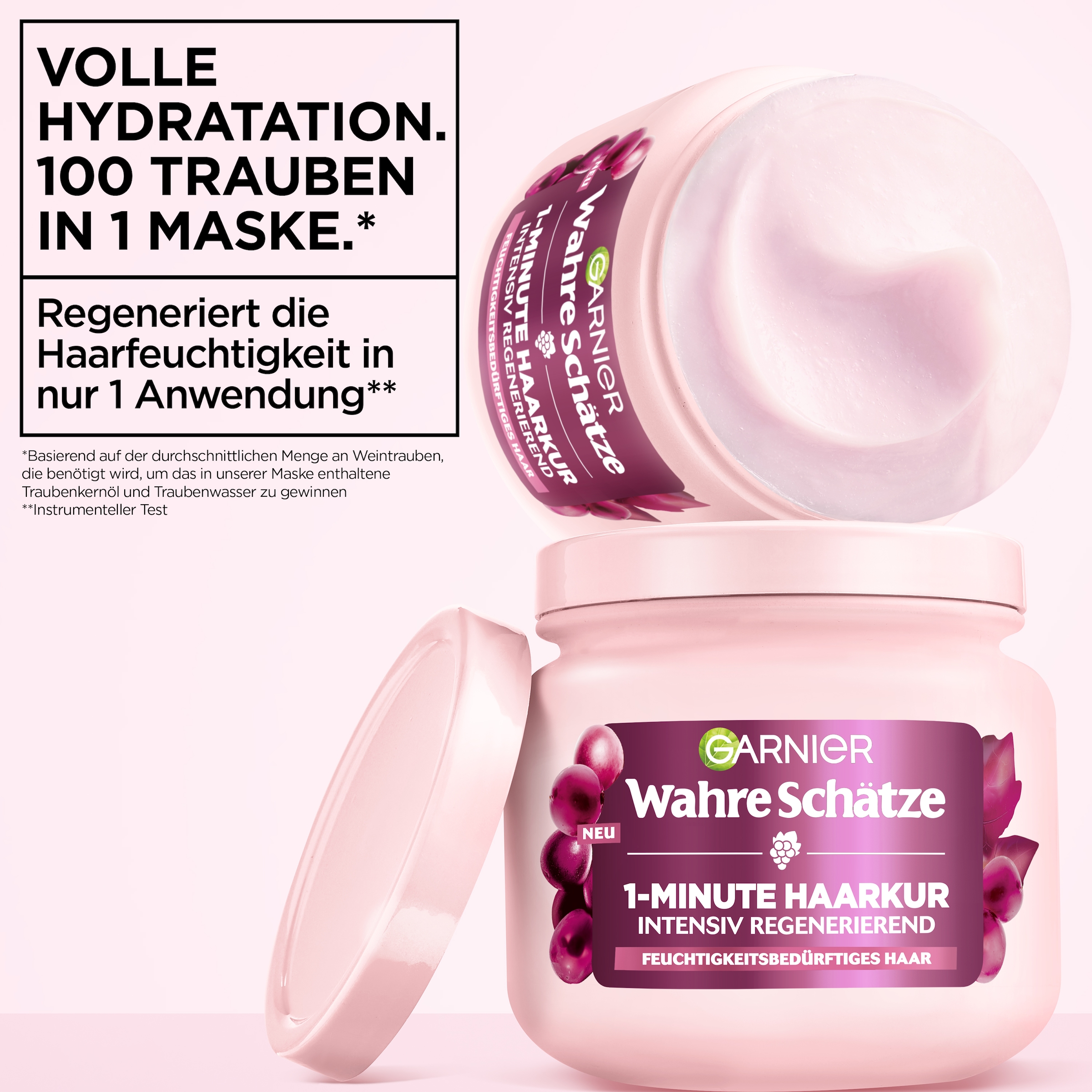 GARNIER Haarkur »Garnier Wahre Schätze 1-Minute Haarkur Traube Hydraboost« für feuchtigkeitsbedürftiges Haar, mit Traubenwasser und Traubenkernöl