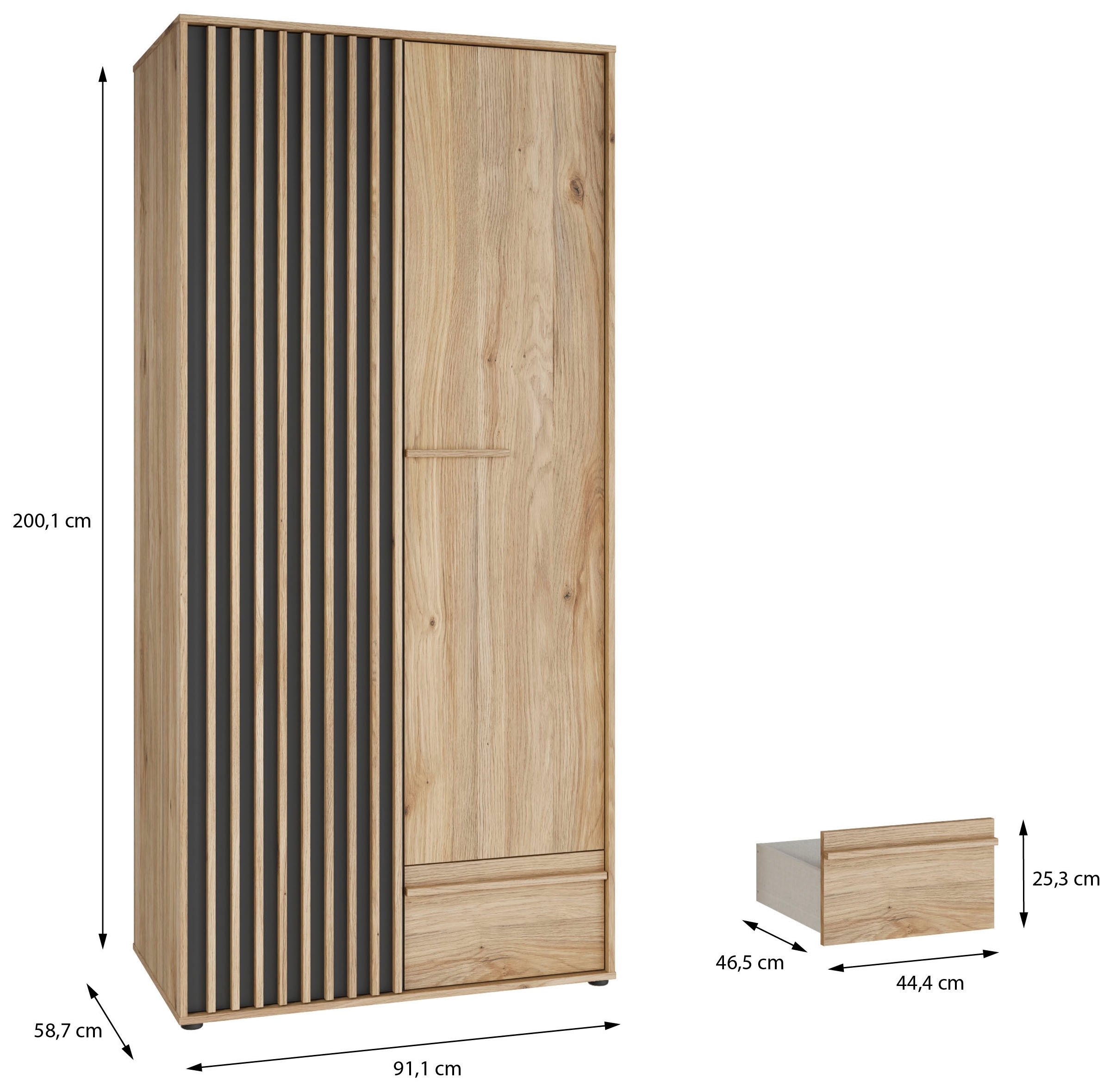 FORTE Kleiderschrank »Drehtürenschrank,Lamellenoptik, Einlegeböden,Stauraum« B/H/T 93,1/200,1/58,7cm; Schubkasten mit Vollauszug