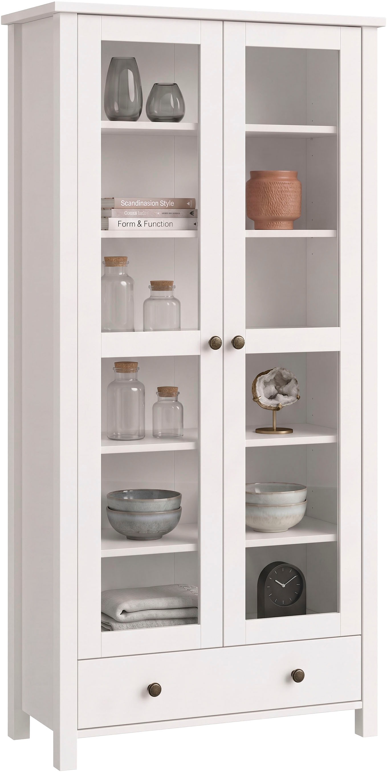 OTTO home Vitrine »Mikkeli Glasvitrine mit 1 Schubkasten, Knopfgriffen aus Metall« aus massiver FSC®-zertifizierter Kiefer, moderner Landhausstil