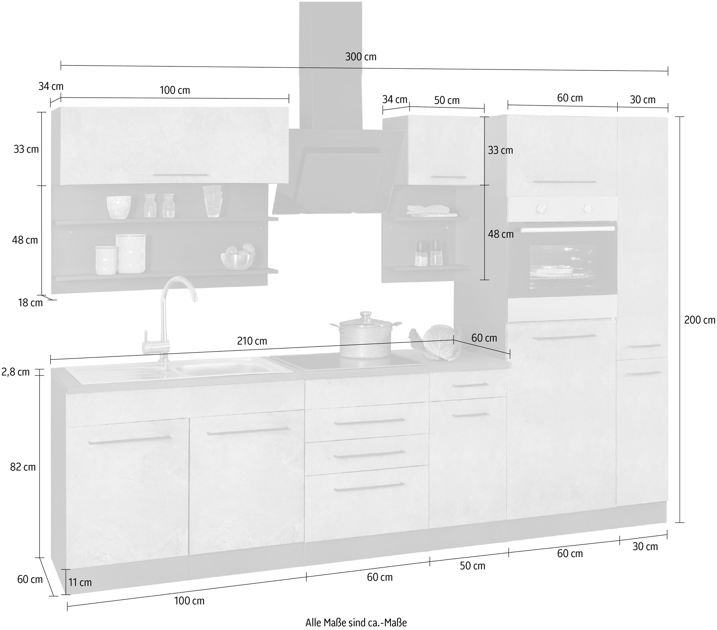 KOCHSTATION Küchenzeile »KS-Tulsa«, ohne E-Geräte, Breite 300 cm, schwarze Metallgriffe, MDF Fronten