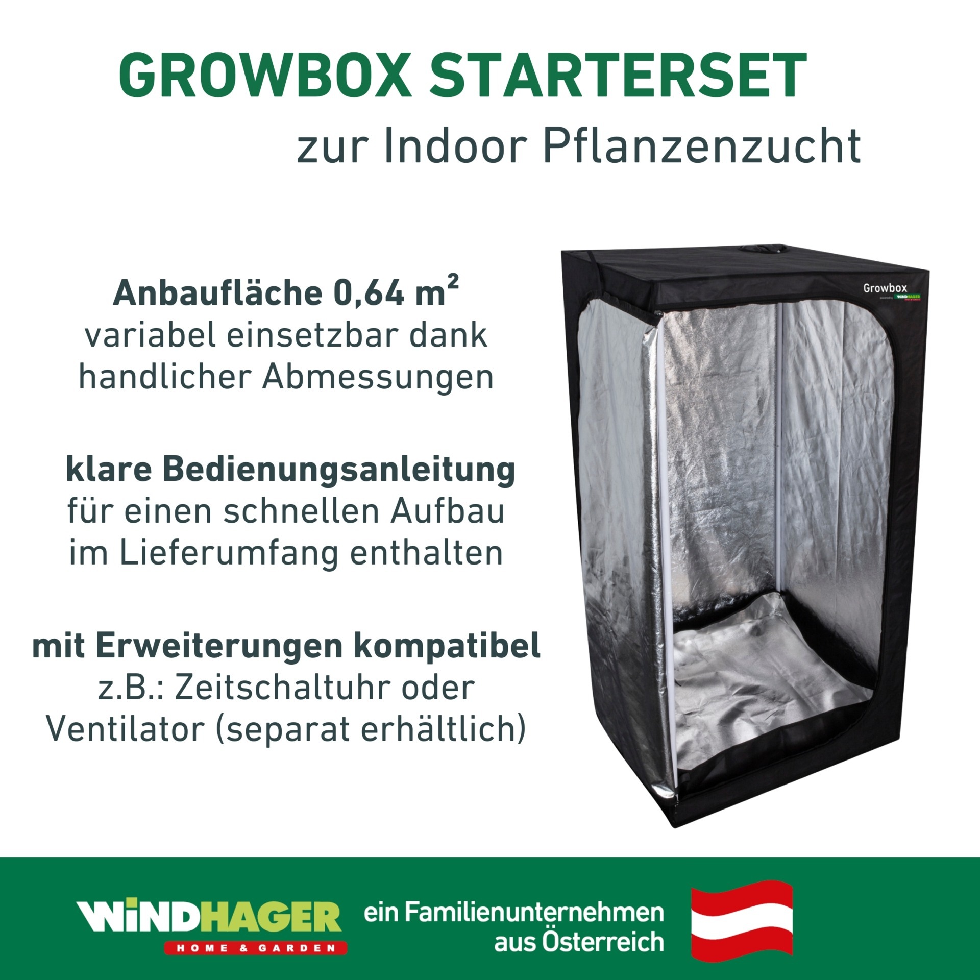 Windhager Gewächshaus »Indoor, Growbox komplettes Starterset« Zuchtzelt für Pflanzen, Anbaufläche 0,64 m², 80 x 80 x 160 cm, schwarz