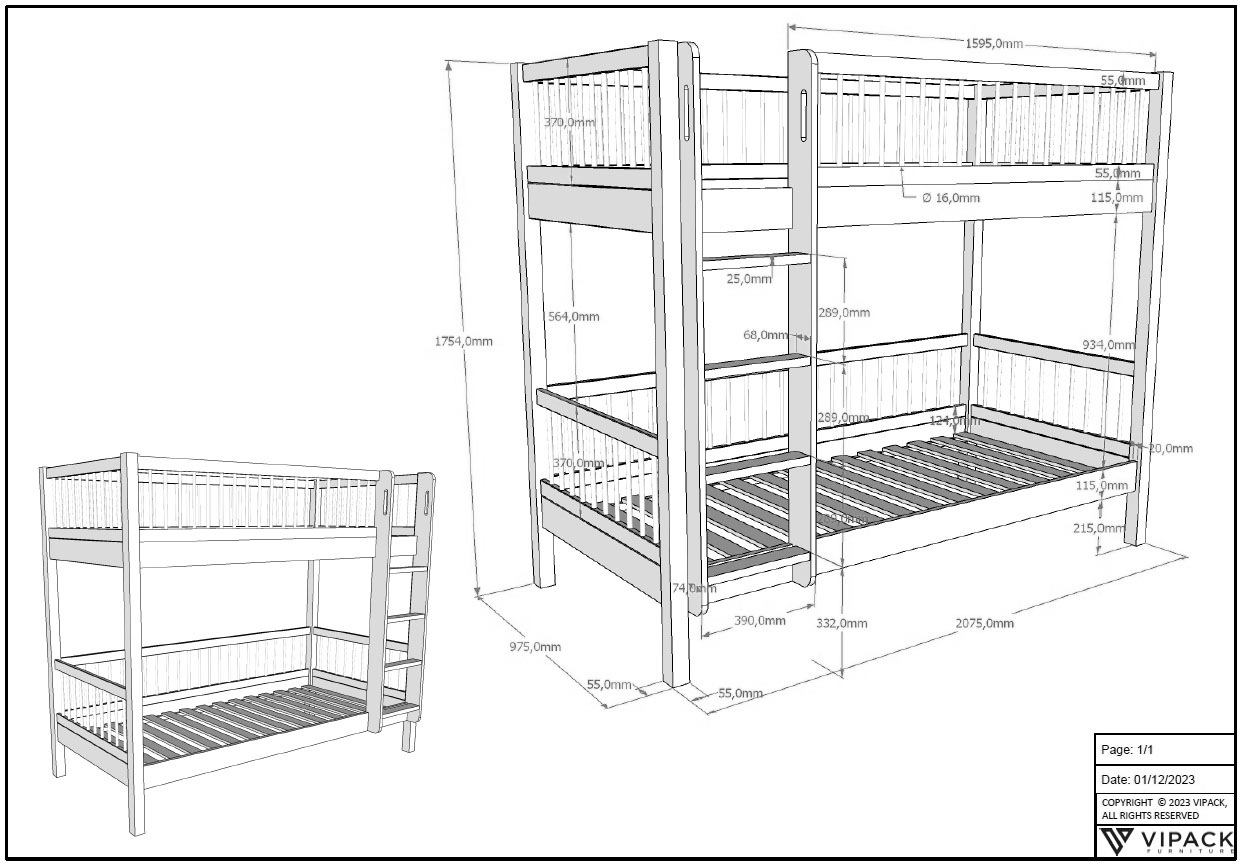 Home affaire Etagenbett, (Made in Europe), in Eiche geölt, 2 LF, m. Leiter u. RR, mit oder ohne Bettschublade