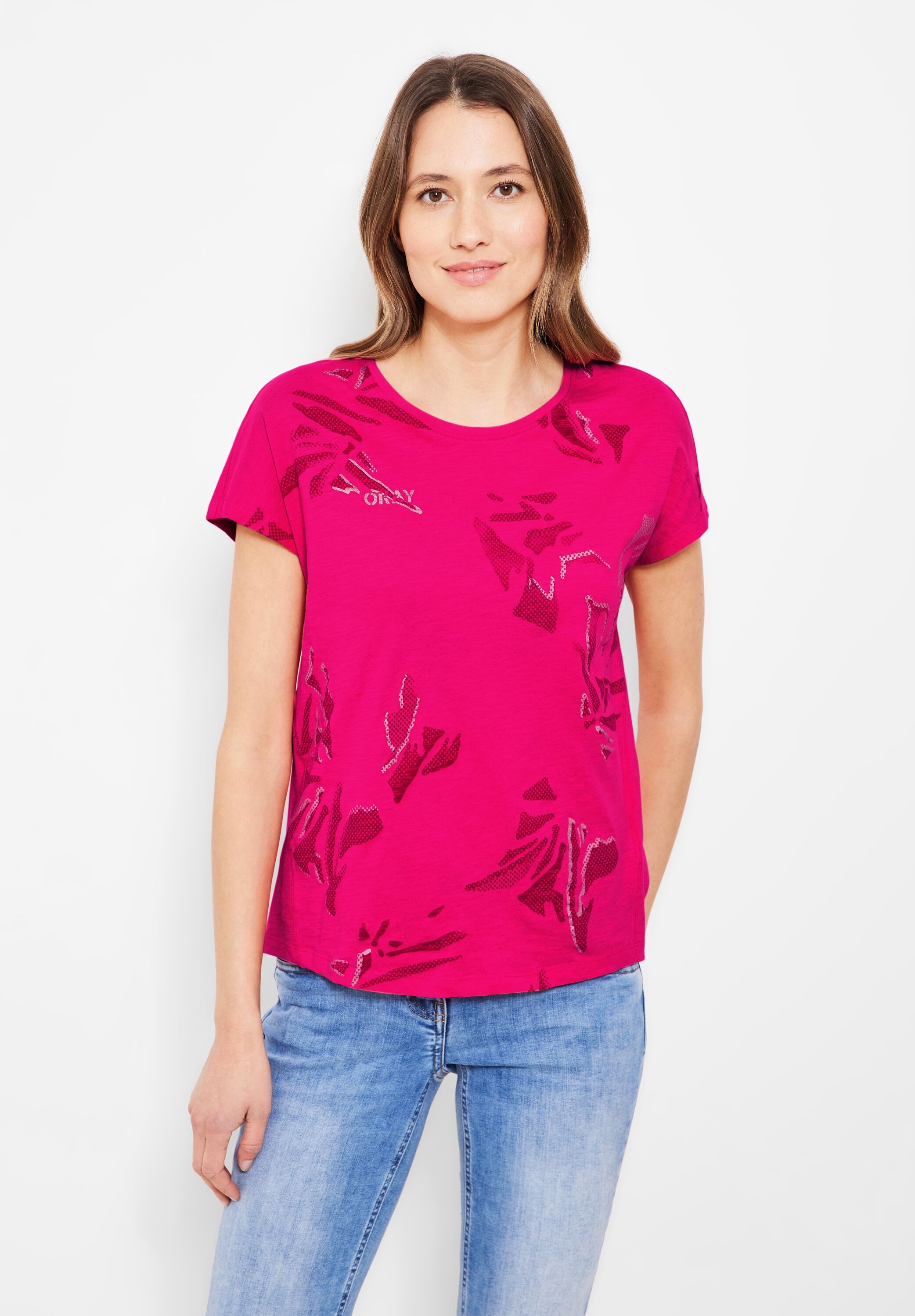 Ausgestelltes T-Shirt Damen Mit Print - Baumwolle Jersey Rundhausschnitt