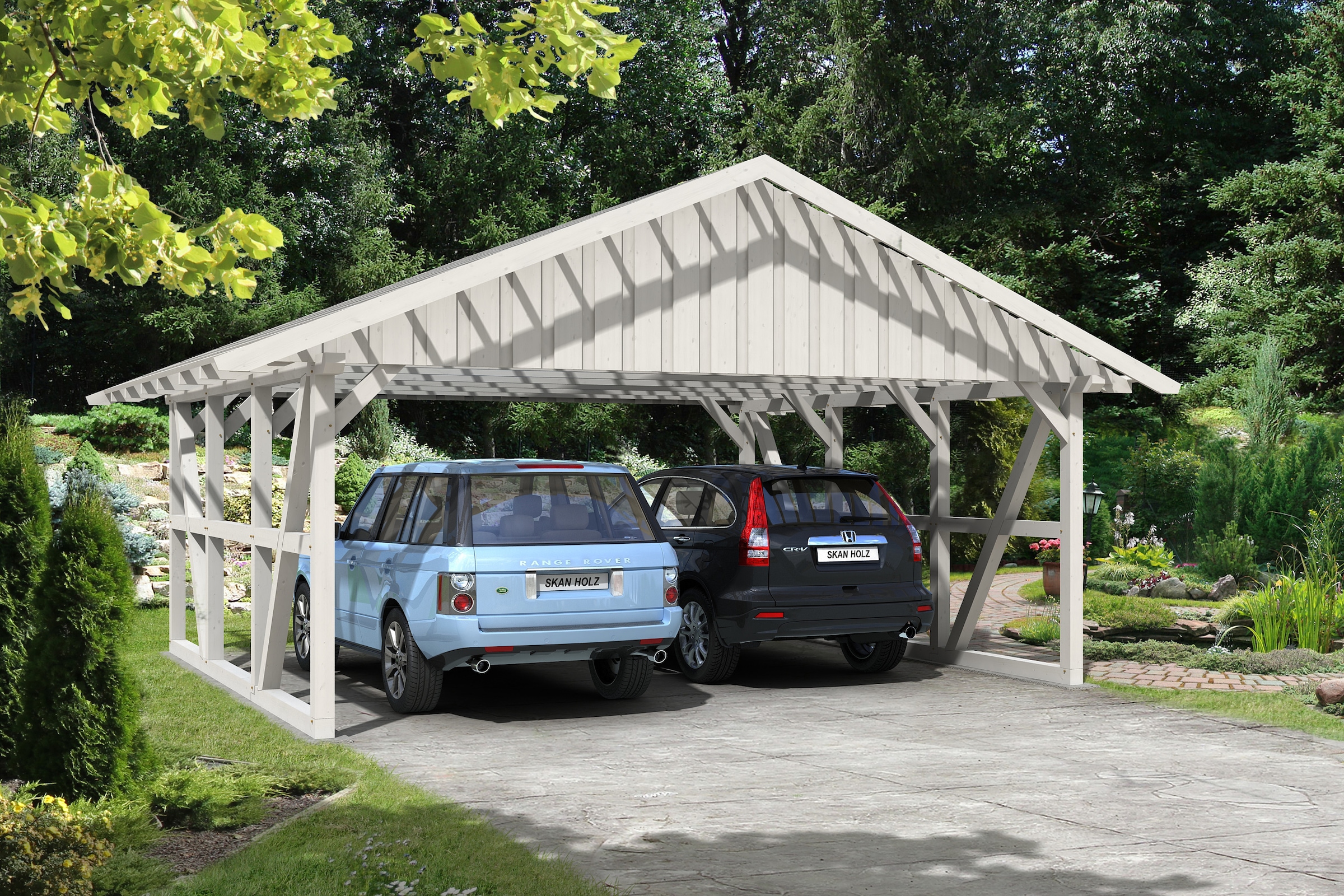Skanholz Doppelcarport "Schwarzwald" Massivholz 560 cm Weiß 684x600cm, mit Dachlattung