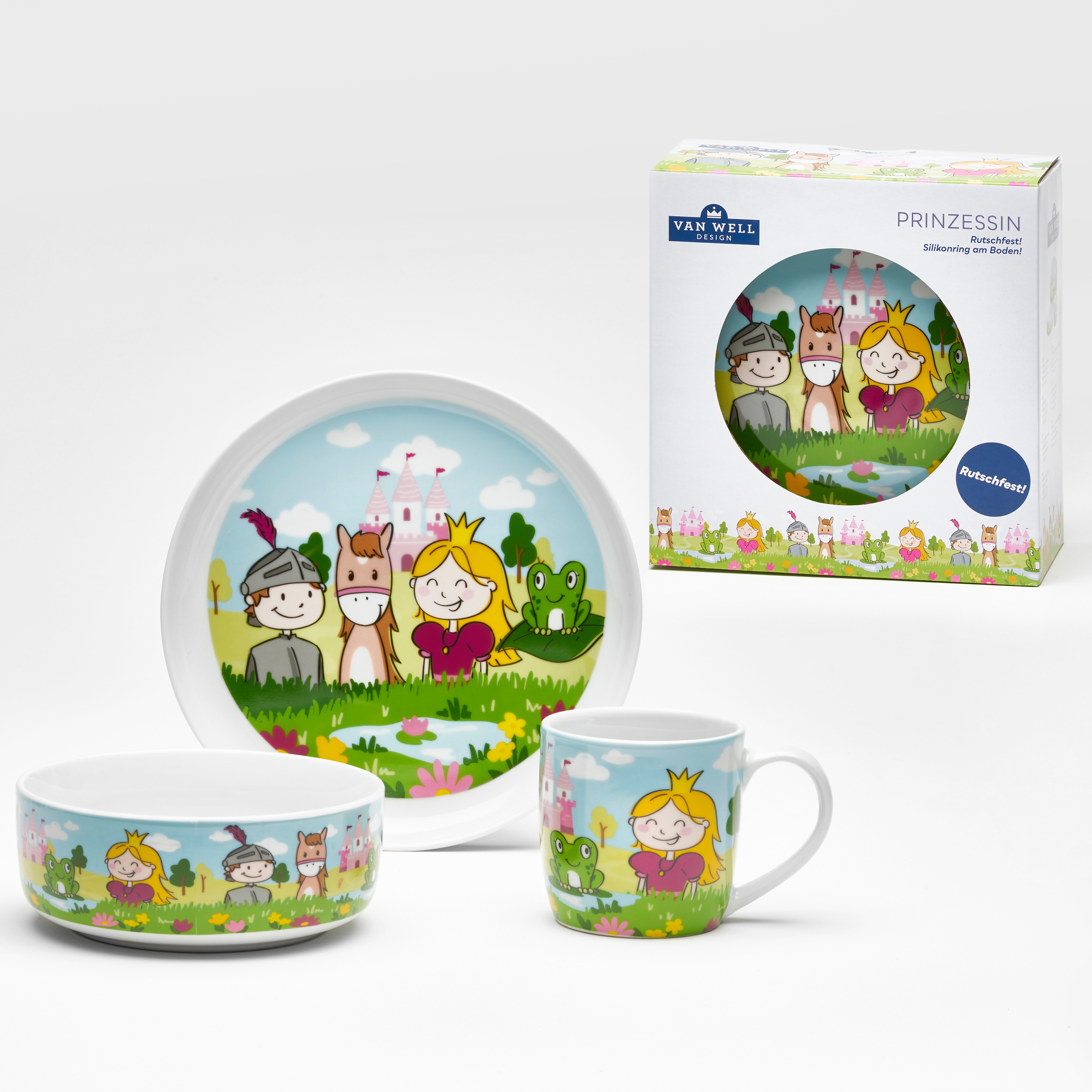 VAN WELL Kindergeschirr-Set "Kinderset Prinzessin, 3-teilig, Geschirr-Set, Service", 3 Stk., bunt, Geschirr-Sets, mit farbenfrohem Dekor,