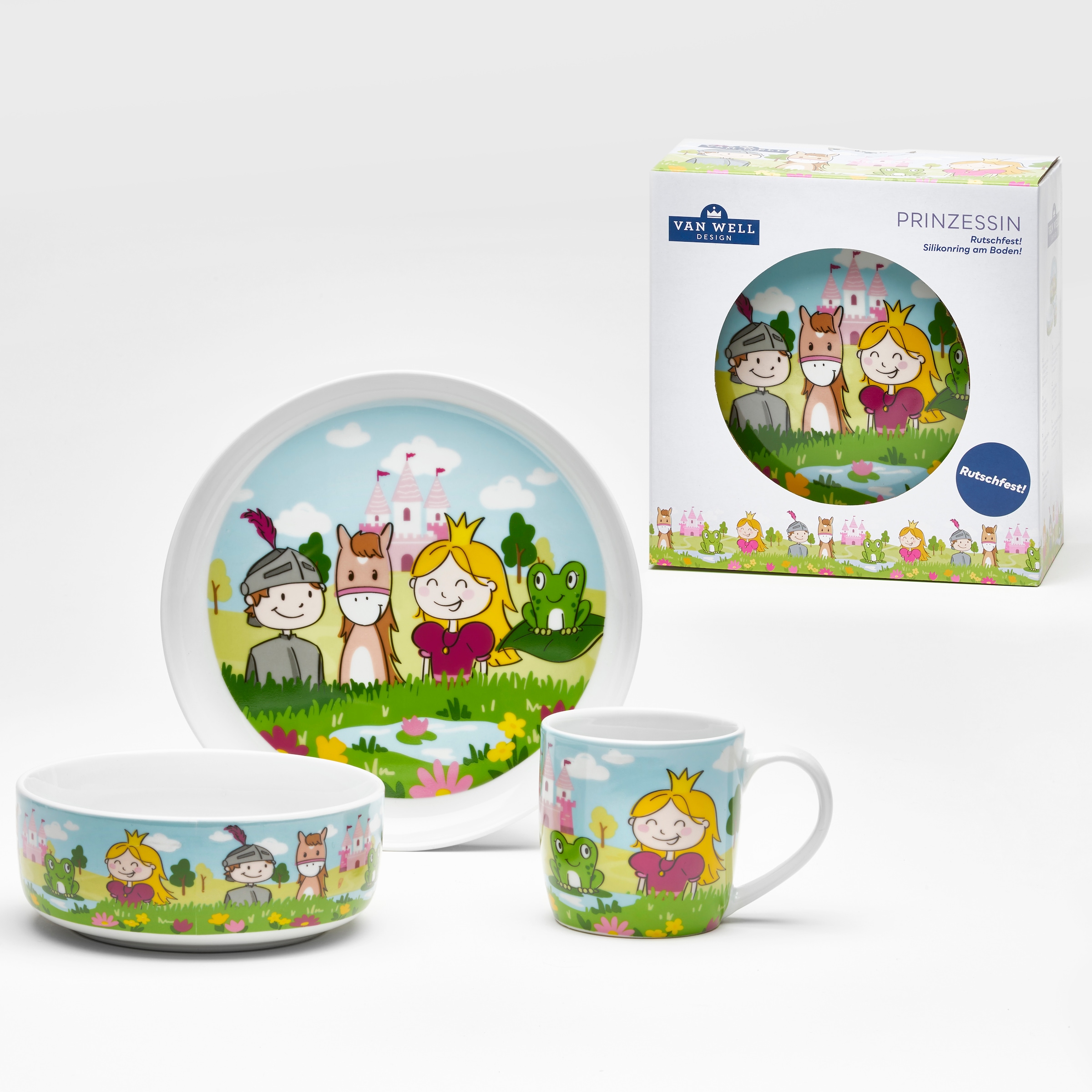 van Well Kindergeschirr-Set "Kinderset Prinzessin, 3-teilig, Geschirr-Set, Service", (Set, 3 tlg.), mit farbenfrohem Dek