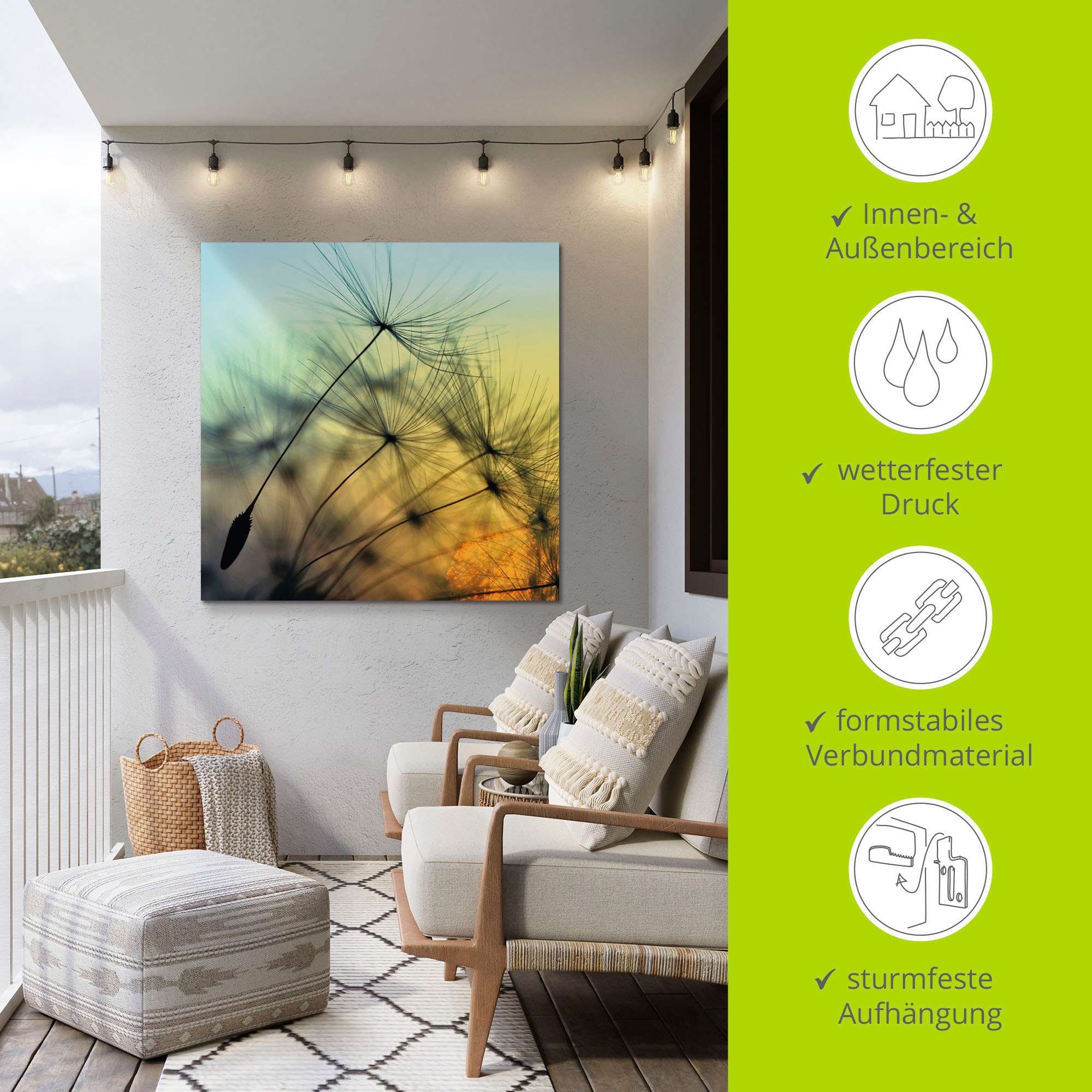 Artland Wandbild »Goldener Sonnenuntergang und Pusteblumen«, Blumen, (1 St.), als Alubild, Outdoorbild, Leinwandbild, Poster, Wandaufkleber