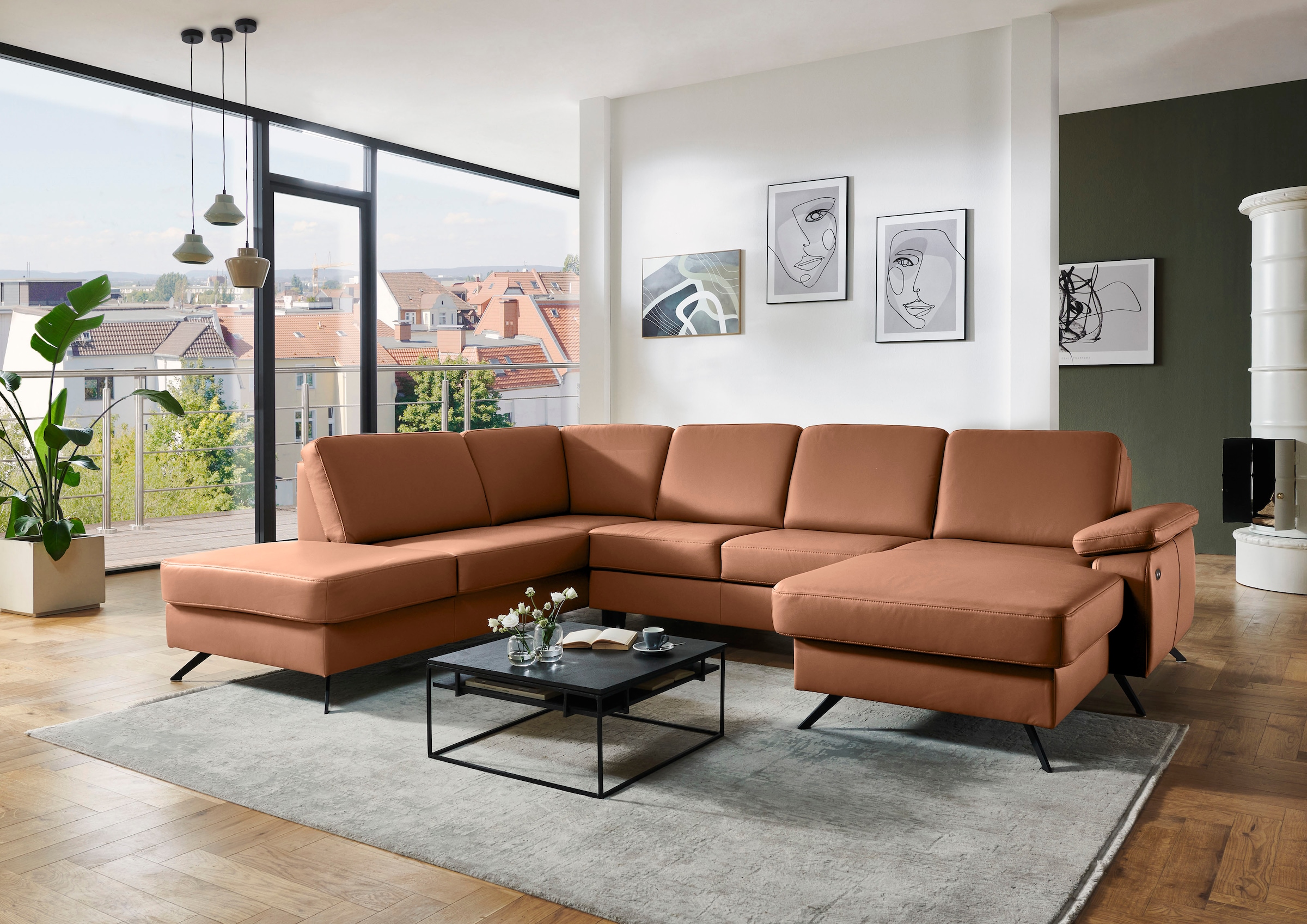 Wohnlandschaft DIE PLANBAR, B:309cm H:88cm T:235cmparkett, Sofas, "PN-EM15047 U-Form, ohne Kopfstützen", Echtleder, wahlweise mit Bettfunktion u.