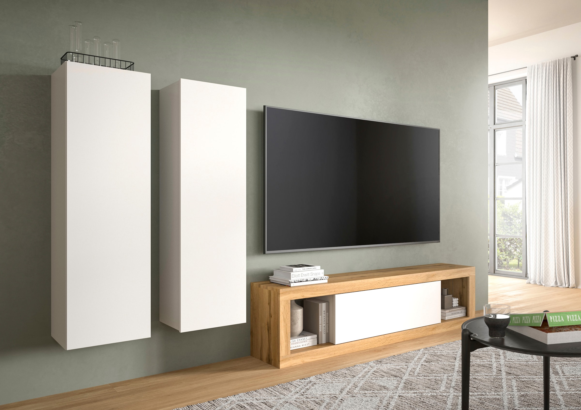 INOSIGN Lowboard »Trinity, Breite 150 cm, stehend und hängend, 1 Klappe,«, 2 offene Fächer, grifflose Fronten, TV-Möbel, TV Schrank, Hängeschrank