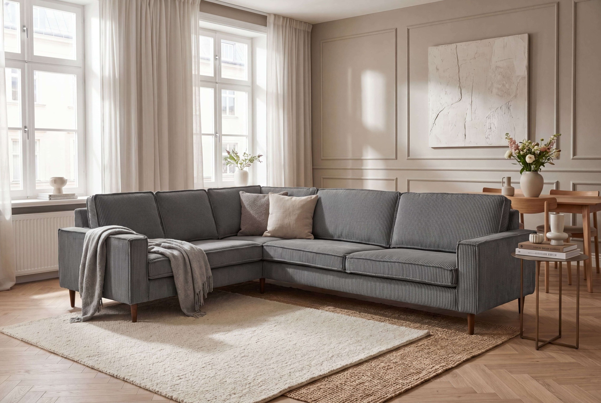 OTTO home Ecksofa "Pinto Skandi, 290 cm, Chenille, Struktur, Ottomane links / rechts" mit Keder, Massivholzfüße Eiche geräuchert, Wellenunterfederung