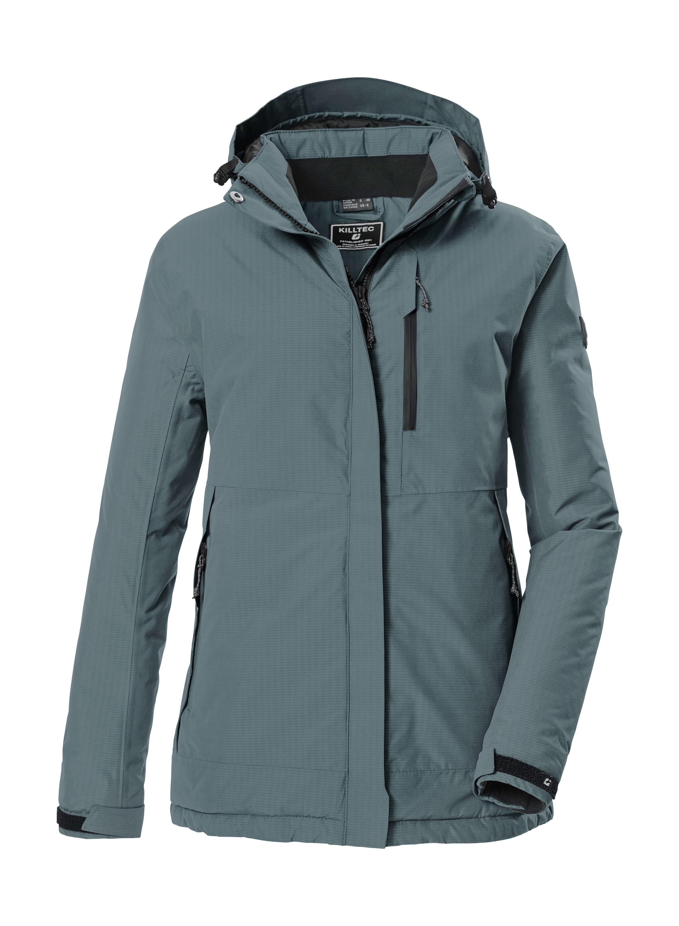 Funktionsjacke KILLTEC "KOW 225 WMN JCKT", Damen, Gr. 40, graublau, Obermaterial: 100% Polyester;Futter: 100% Polyester;Füllung: 100% Polyester, Jacken Funktionsjacke, Atmungsaktive, wind- und wasserdichte Damenjacke, abnehmbare Kapuze