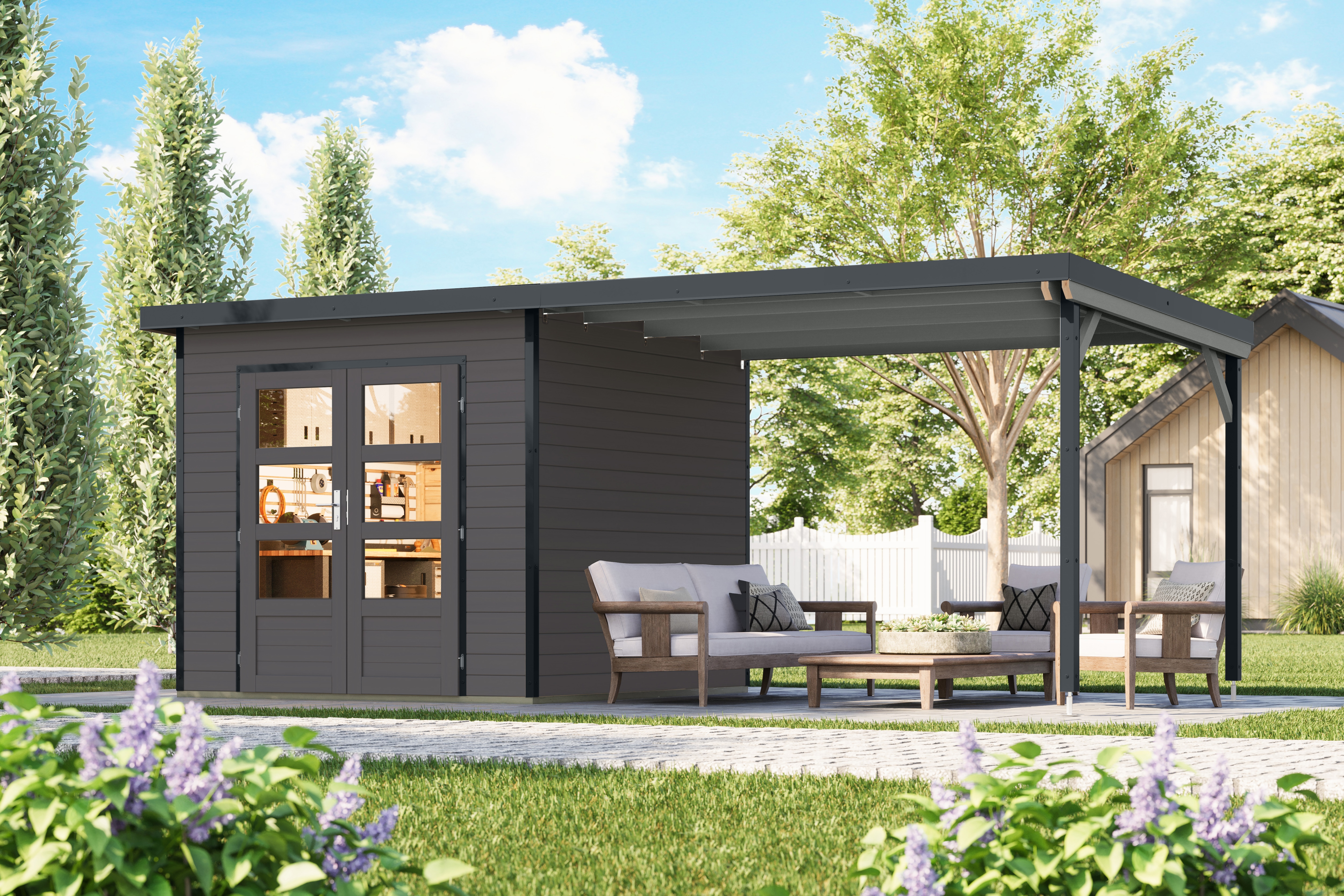 Karibu Gartenhaus "Plutino 3 SET, in verschiedenen Farben" inkl. Anbaudach