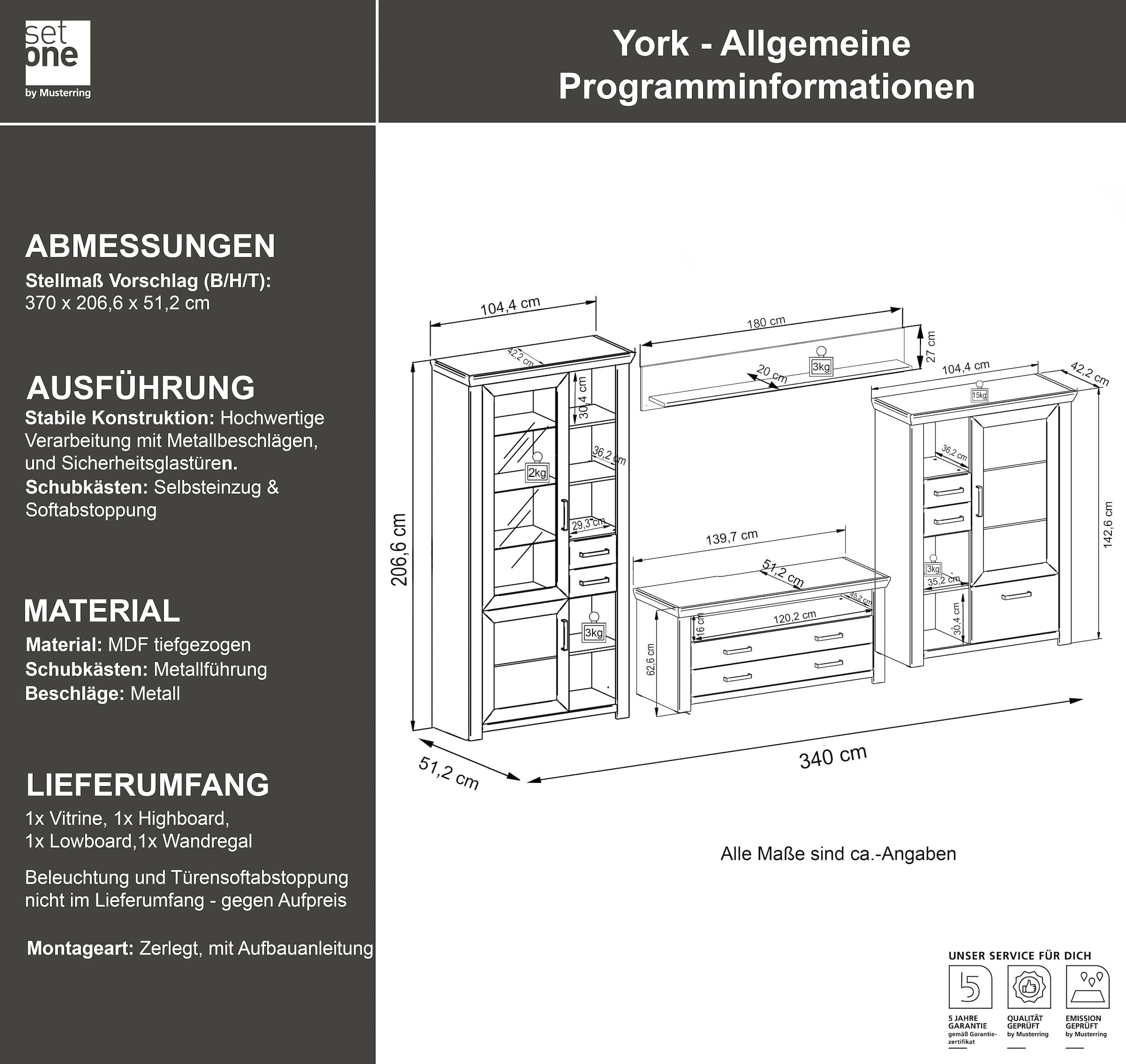 set one by Musterring Wohnwand »York«, (4 St.), Kombination mit 4 Teilen, in 3 Farbvarianten, Gesamtbreite 370 cm