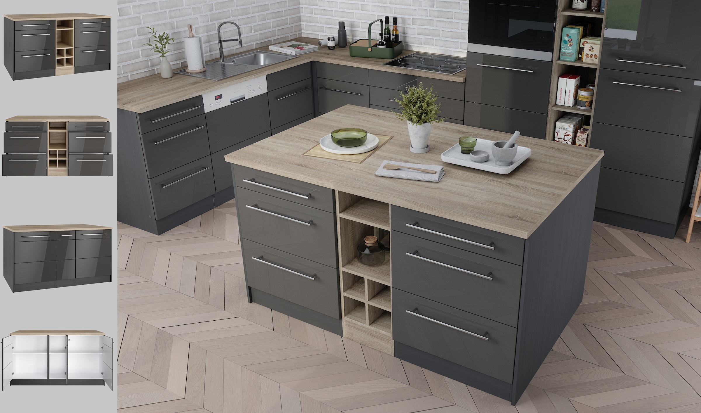 HELD MÖBEL Kücheninsel »Wien«, Breite 153 cm, MDF-Fronten, Flaschenregal