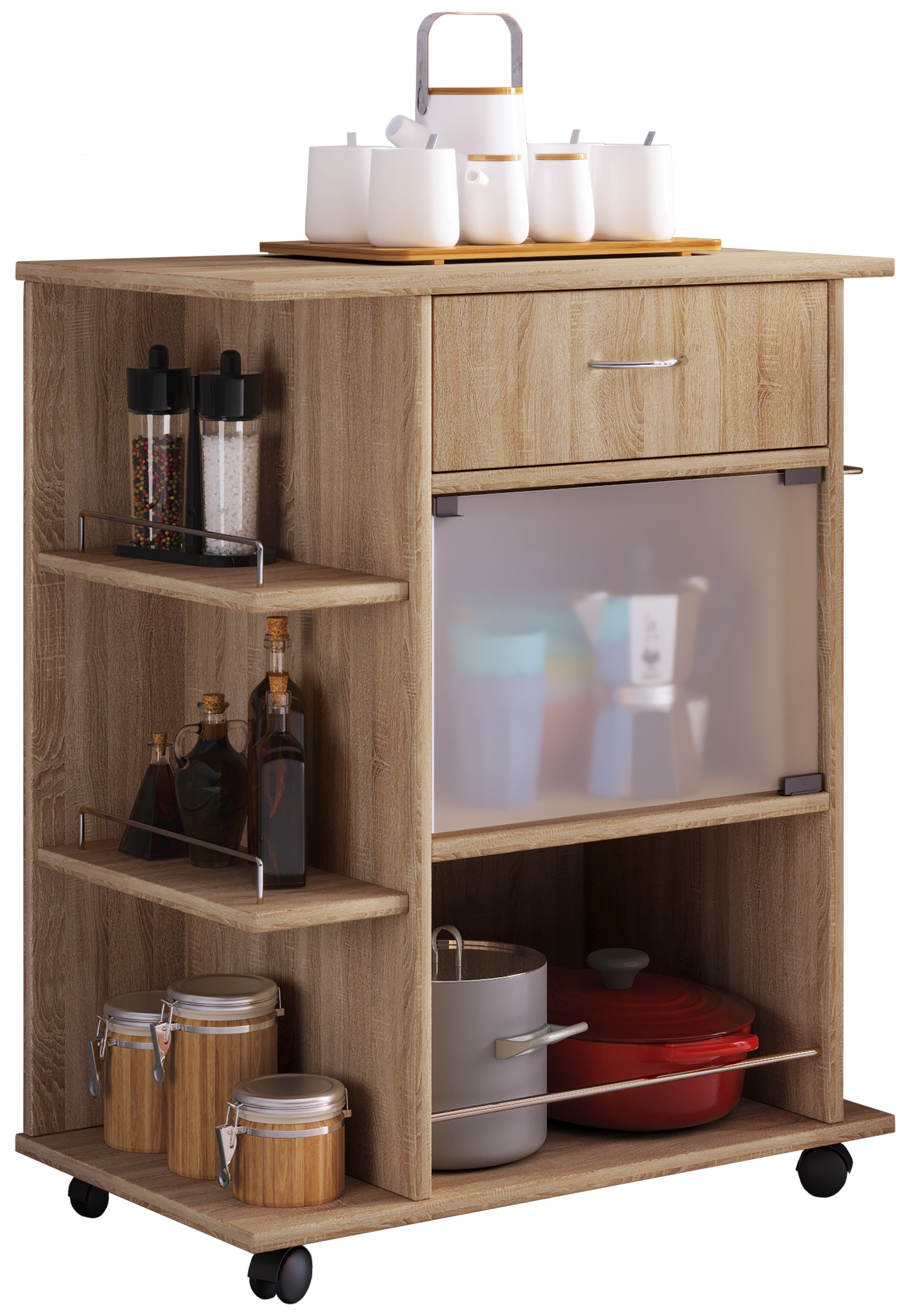 Küchenbuffet VCM, B:65cm T:39cmsonoma, eiche, Obermaterial: 100% Holz Wood., Schränke, "Küchenwagen Servierwagen Rollwagen Rollen Pocis"