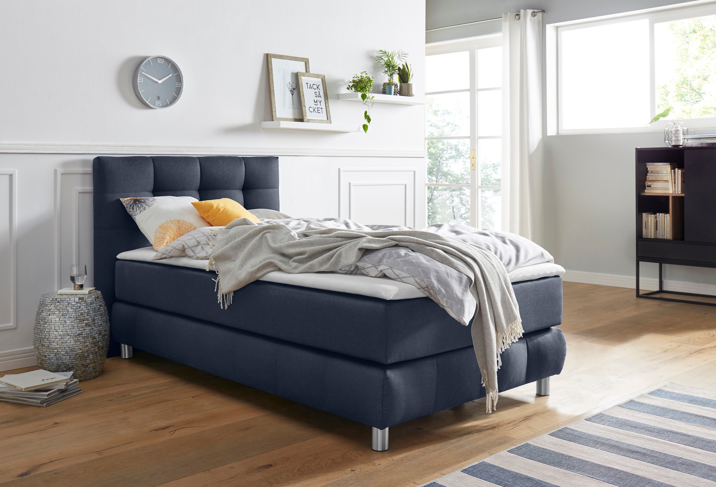 Boxspringbett HOME AFFAIRE "Salo", blau, B:104cm L:211cm, Struktur (100% Polyester);Bezug der Spiegelfläche Matratzendrell aus 100% Polyester;Samtoptik (100% Polyester), Komplettbetten, Boxspringbett, incl. Topper, 6 Breiten, 2 Härtegrade, TFK auch in Här 3