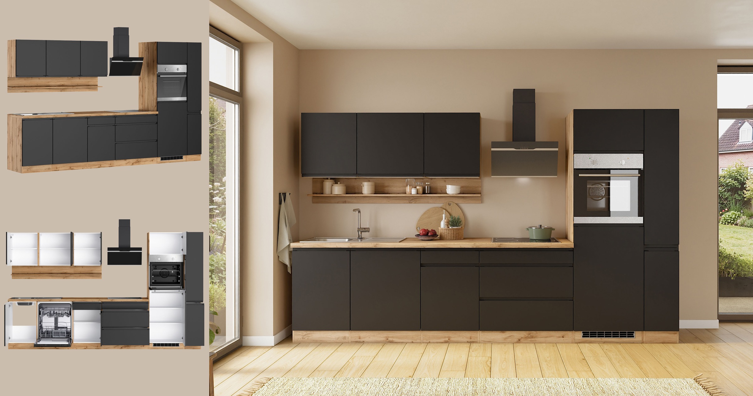 KOCHSTATION Küchenzeile »KS-Virginia,neu in verbesserter Ausführung« Arbeitsplatte 38 mm stark, Stauraum, Softclose,  Breite 330 cm, Soft-Close, ohne E-Geräte