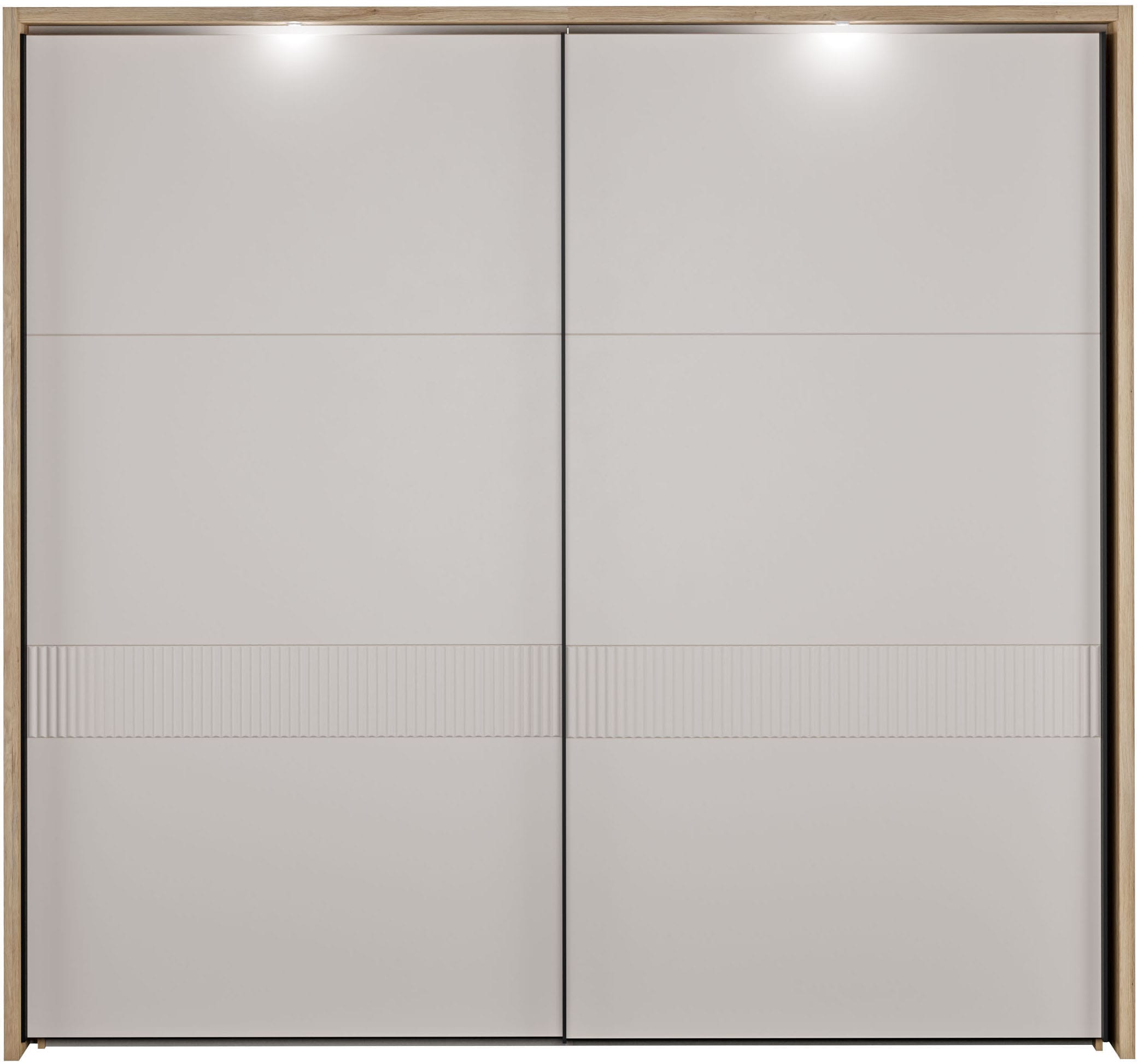 FORTE Schwebetürenschrank »Forte Seravel Schwebetürenschrank, Lamellenoptik, inkl. Beleuchtung« B/H/T 231,1/215,9/63,8 cm, Zubehör optional bestellbar