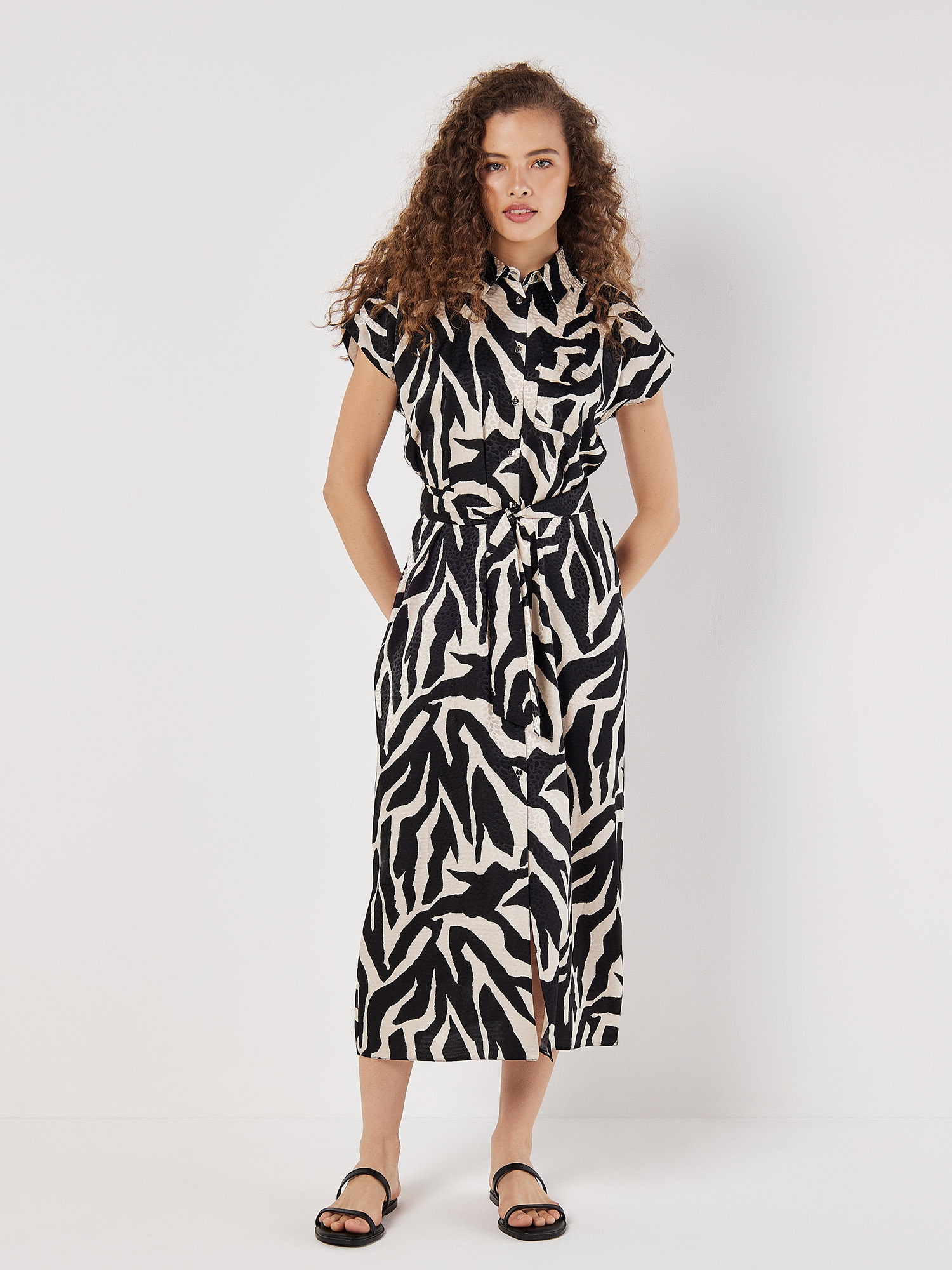 Apricot Druckkleid "Midikleid aus strukturiertem Satin" Stoffgürtel, 2 tlg. mit Zebramuster