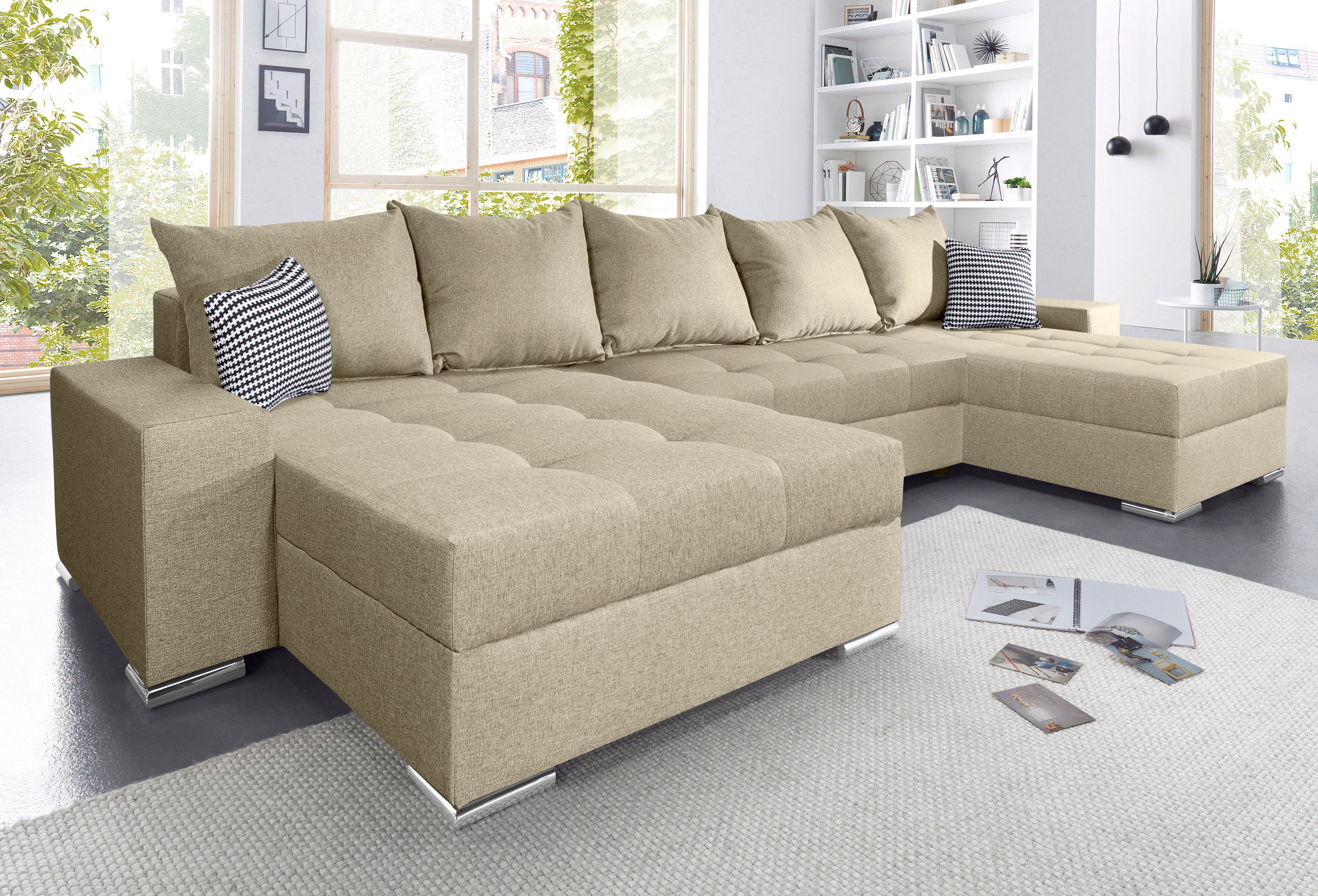 COLLECTION AB 1100000002199 "Josy XXL U-Form, B: 333 cm, mit 2 Recamieren 77 & 97 cm" Schlaffunktion, Bettkasten & 2 Zierkissen, Federkern