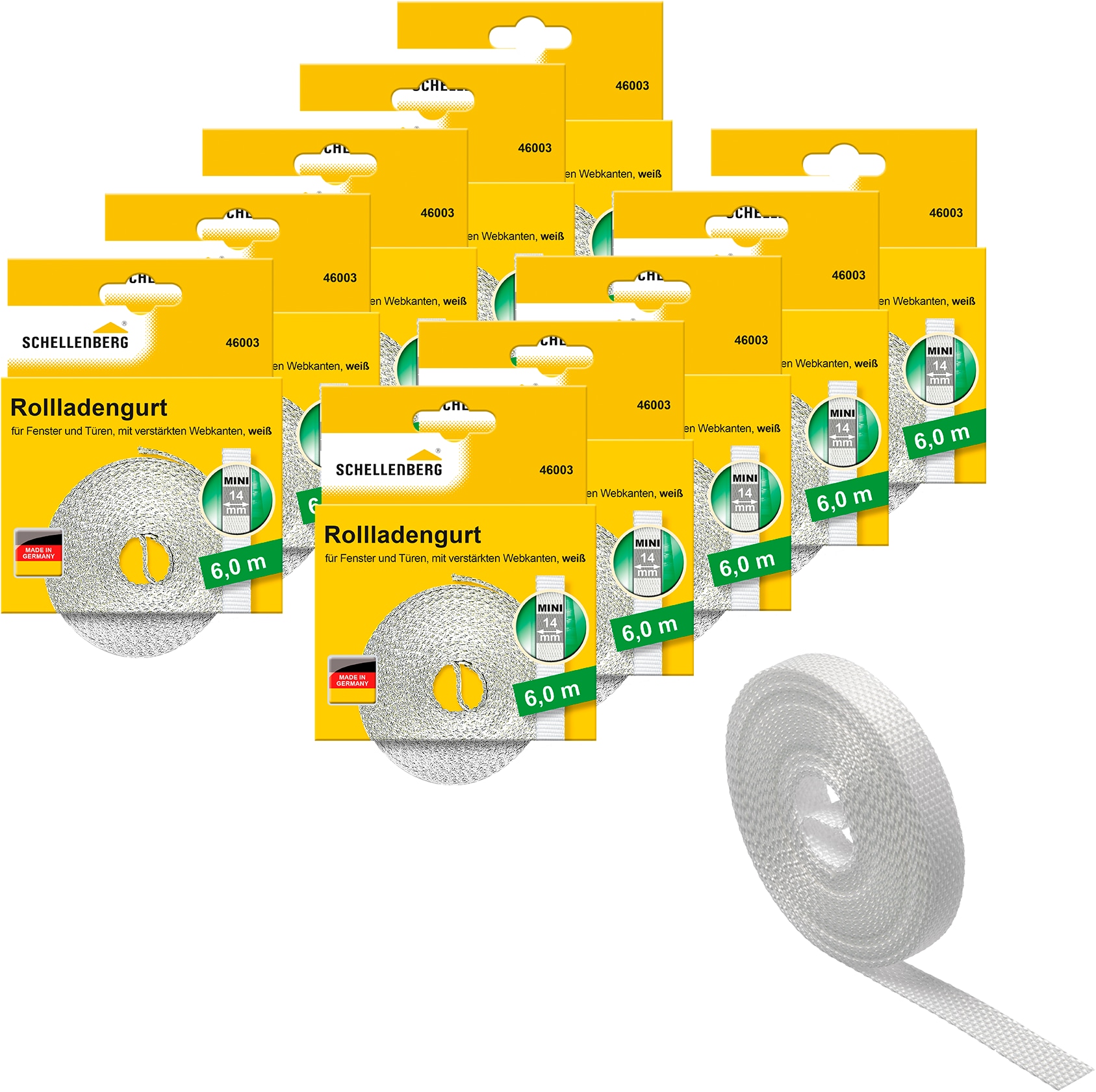 SCHELLENBERG Rollladengurt "Mini 14 mm, 6 m, zur Bedienung eines Rollladens mit Gurtwickler", B/L: 1,4cm x 600cm, 10 Stk., weiß, Seile, Gurtband in
