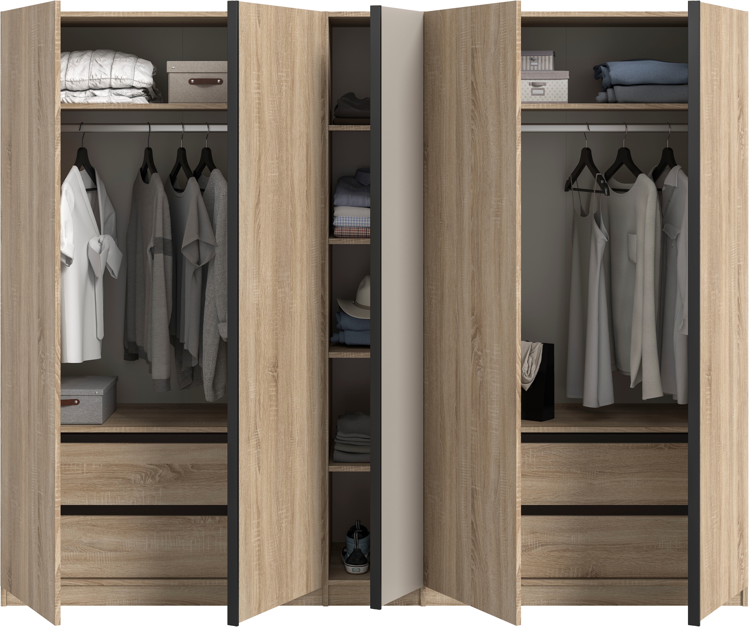 Home affaire Kleiderschrank »BENDINGO, TOPSELLER!, Schlafzimmerschrank, Schrank, Garderobenschrank« OTTO BESTSELLER, Garderobe & Schlafzimmer,  230cm breit, Eiche NB, 5türig, 2 Kleiderstangen, 6 Böden, 4 Schubladen
