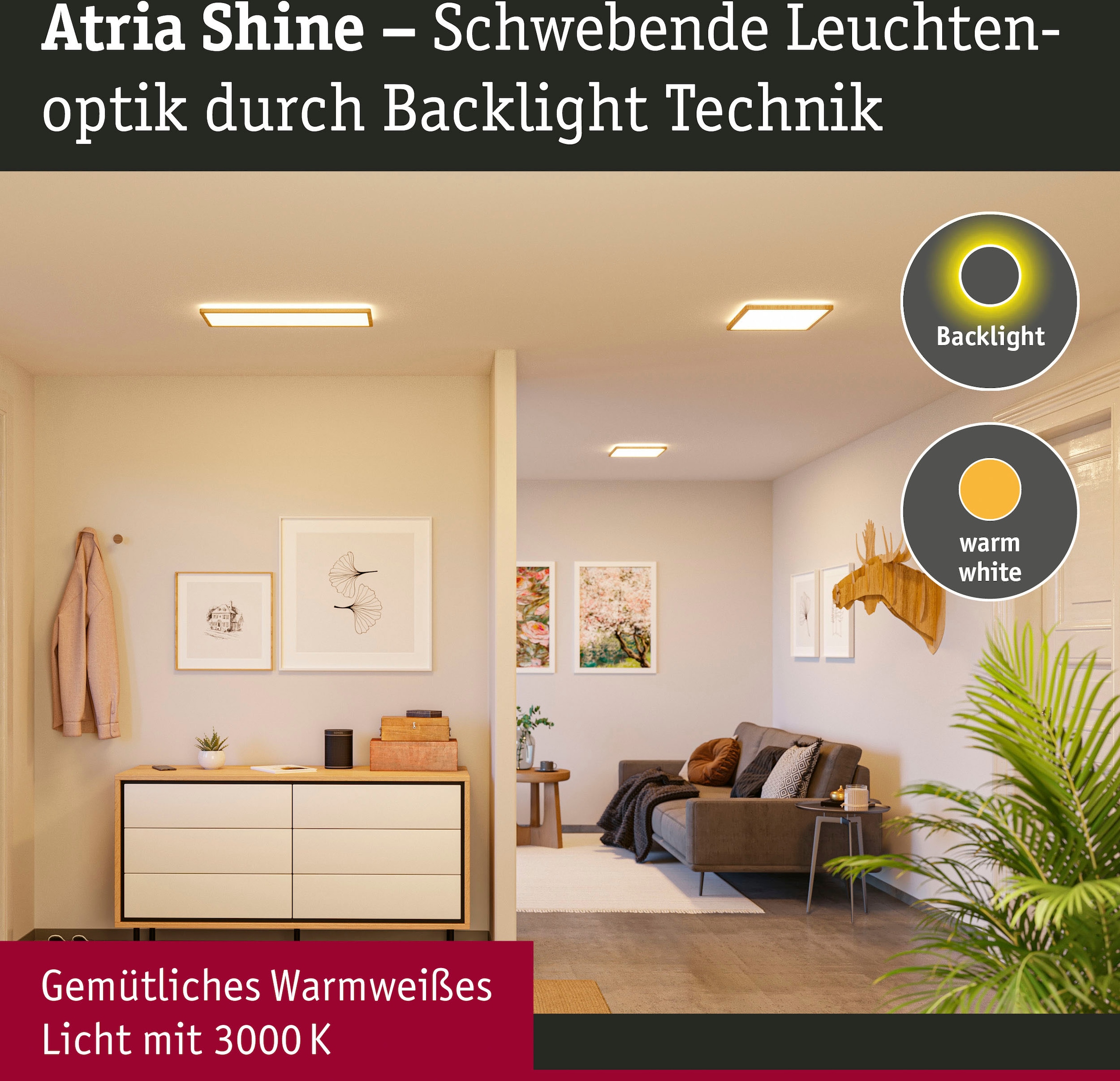 Paulmann LED Panel »Atria Shine 16W 3000K 293x293 Eiche Kunststoff IP44«, 1 flammig-flammig, Hintergrundbeleuchtung