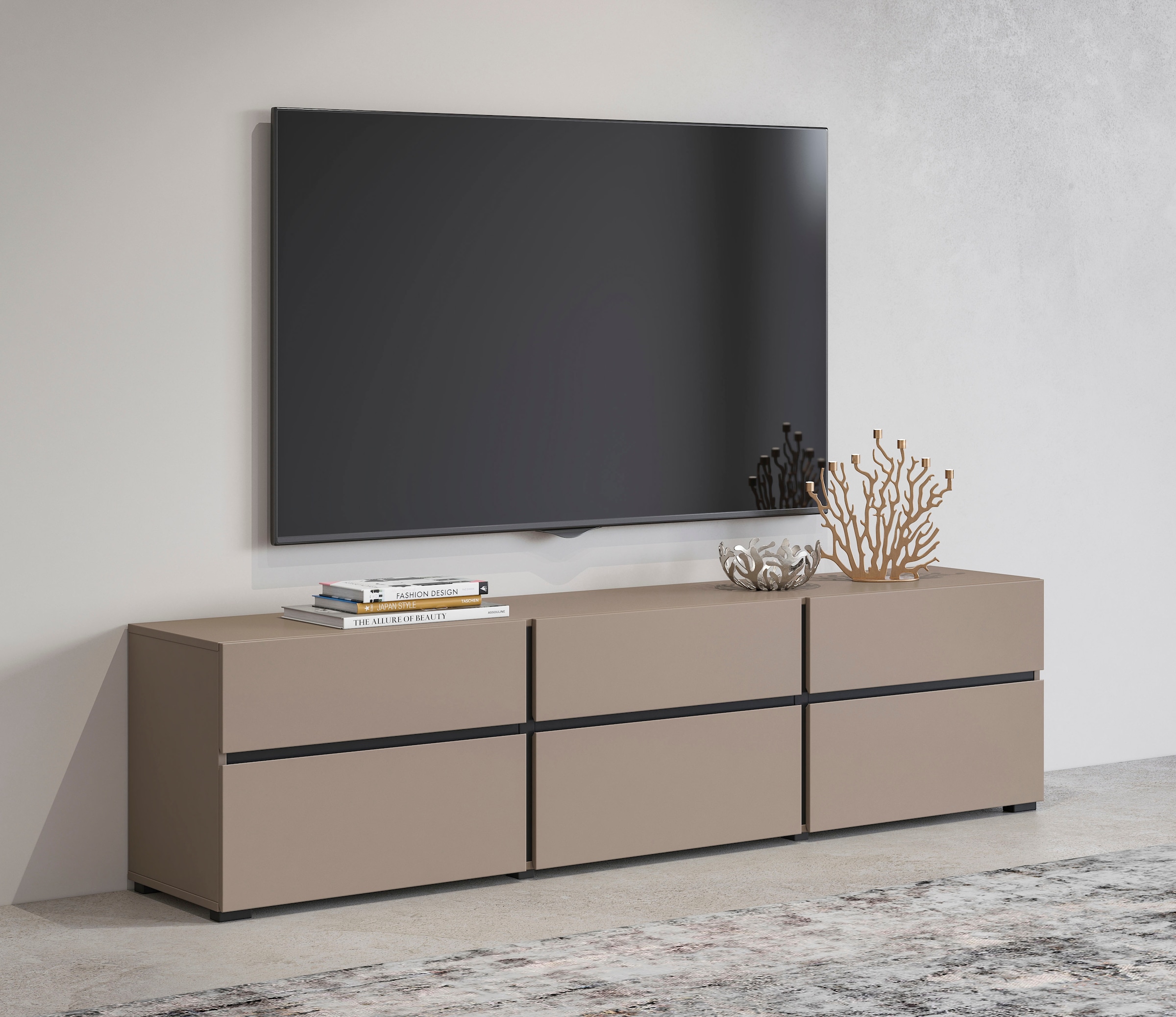 OTTO home Lowboard "Cross, moderne grifflose TV-Kommode,3 Klappen/3 Schubkästen" Breite 180 cm, TV-Schrank mit viel Stauraum, TV-Board