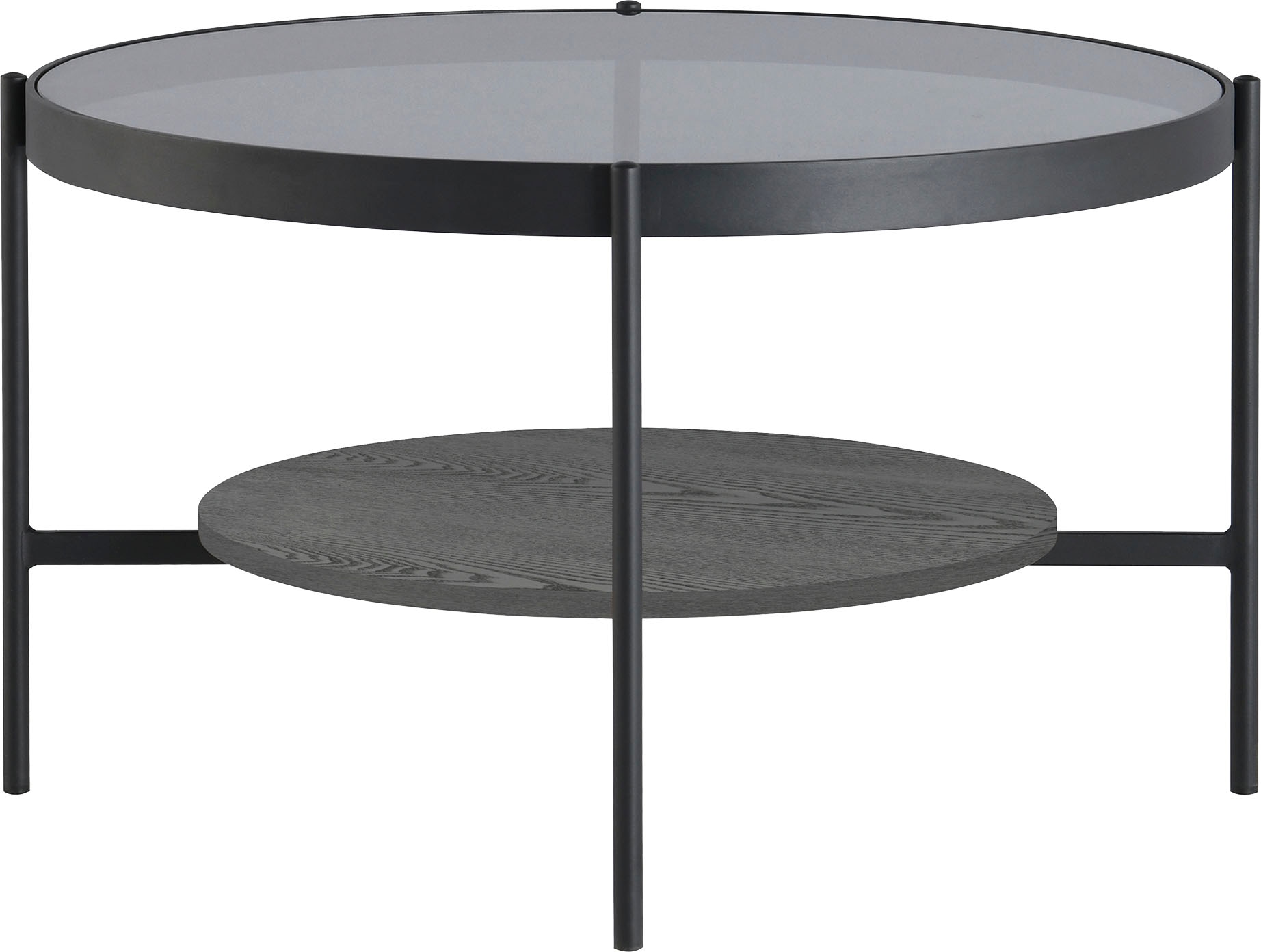 byLIVING Couchtisch »Ohio«, mit Rauchglas, Ablage aus Echtholzfurnier, rund, D 73,5 / H 42,5 cm