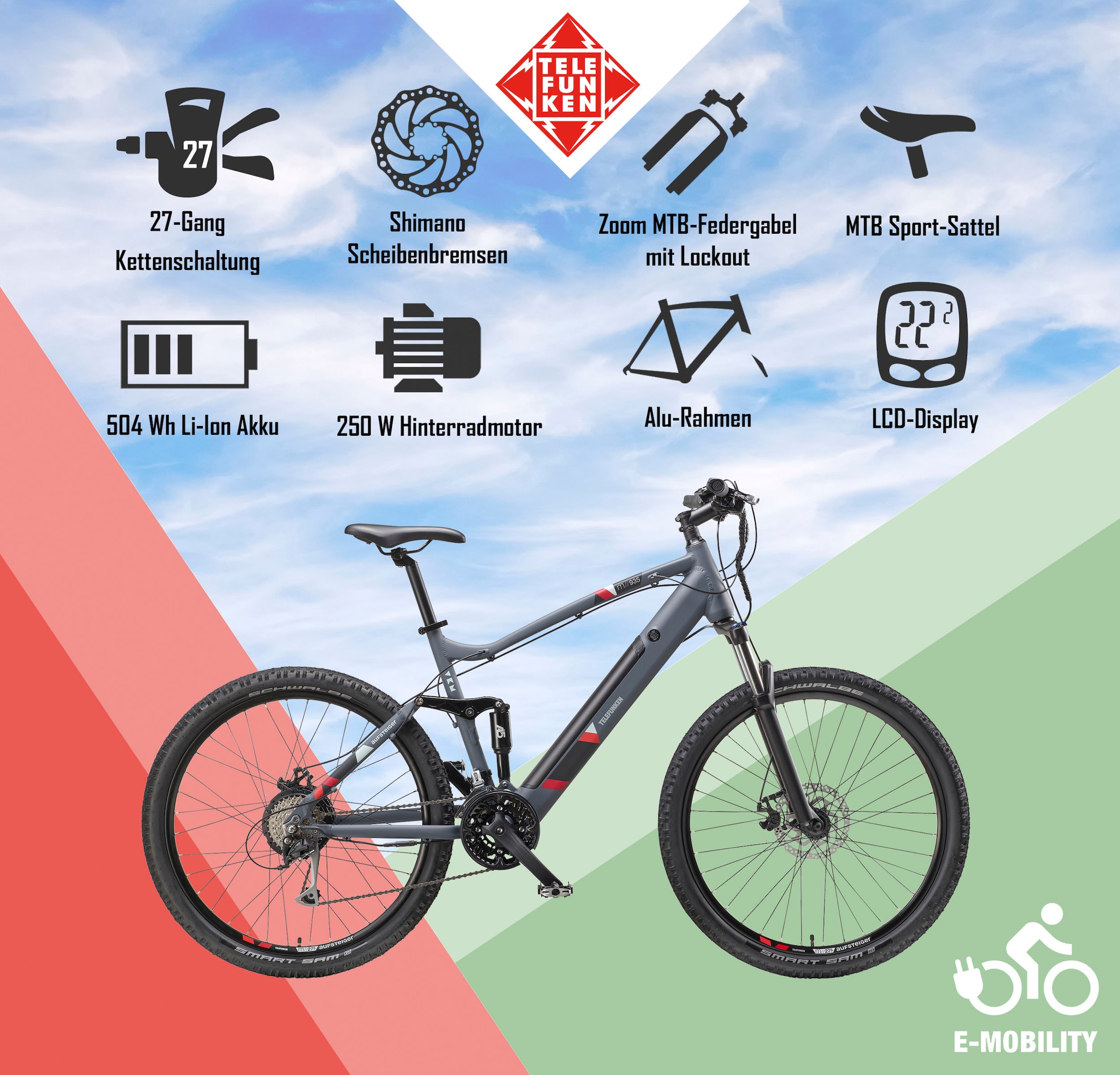 Telefunken E-Bike »Aufsteiger M935«, 24 Gang, Shimano, Acera, Heckmotor 250 W, Pedelec, Elektrofahrrad für Damen u. Herren, MTB, Mountainbike