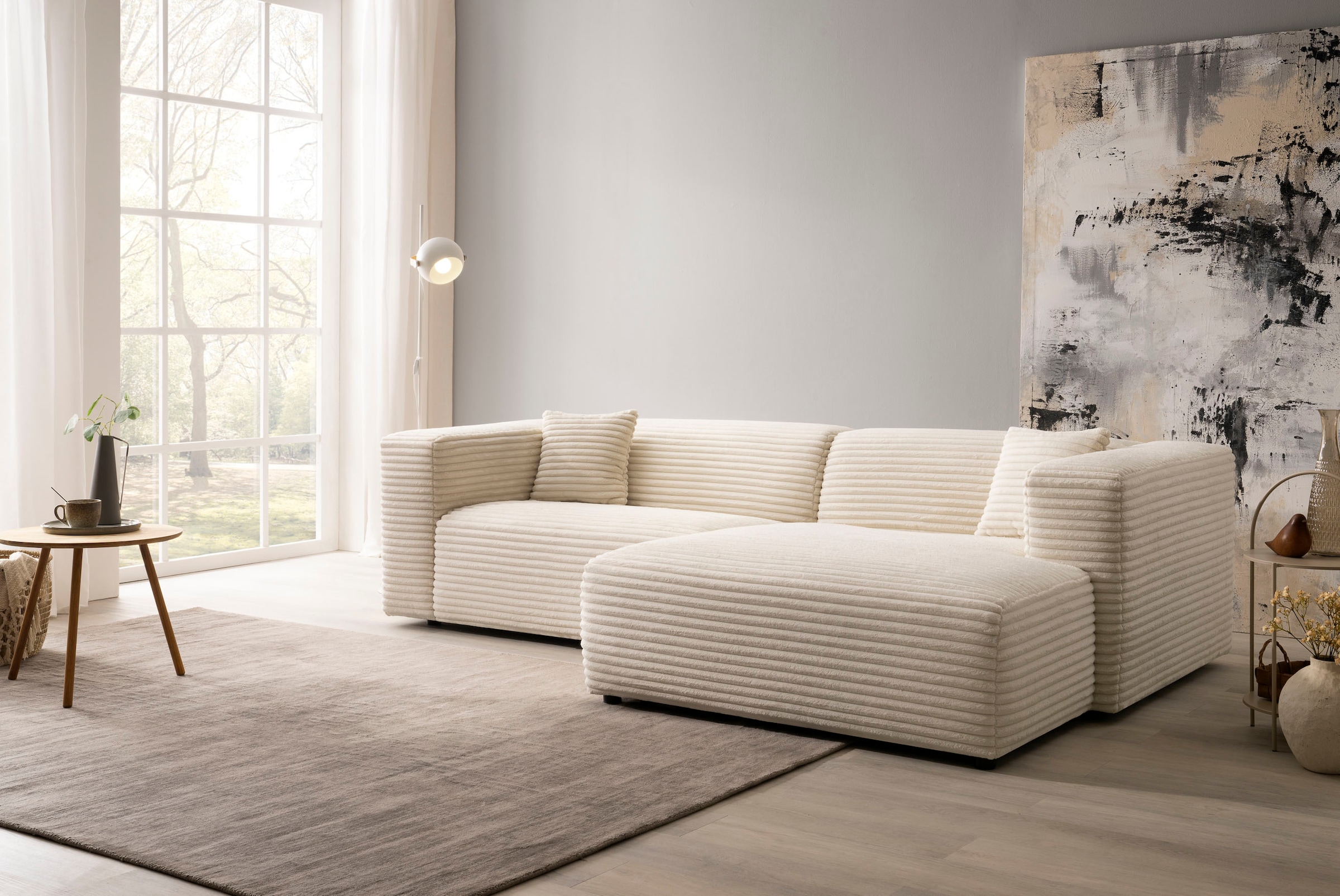 andas Ecksofa »BAKELS, L-Form in Cord oder Boucle-Stoff, moderne Couch«, wahlweise Recamiere rechts/links, bequemer Sitzkomfort