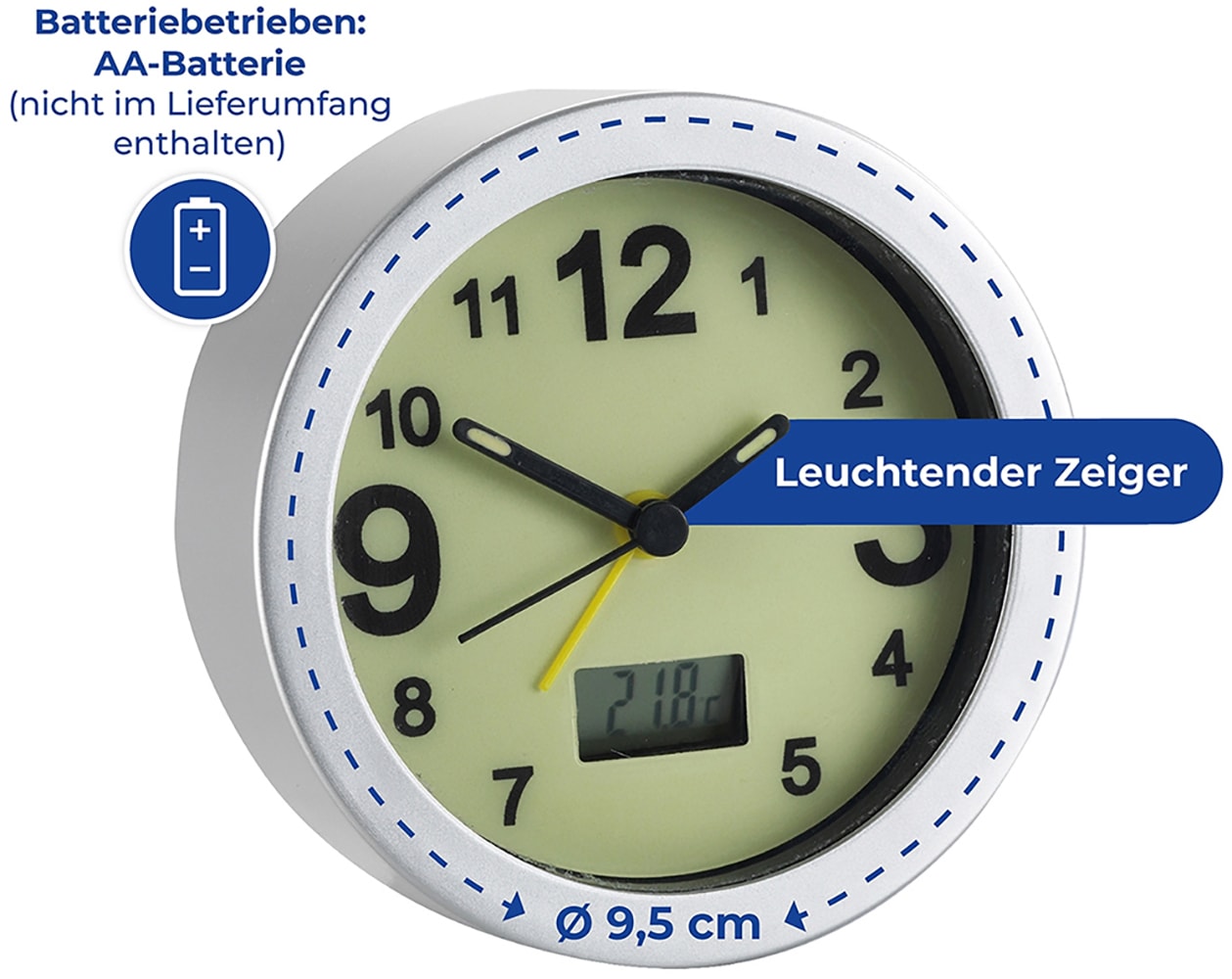 Maximex Wecker »nachtleuchtend«, Leuchtwecker mit großen Zahlen und digitaler Raumtemperaturanzeige