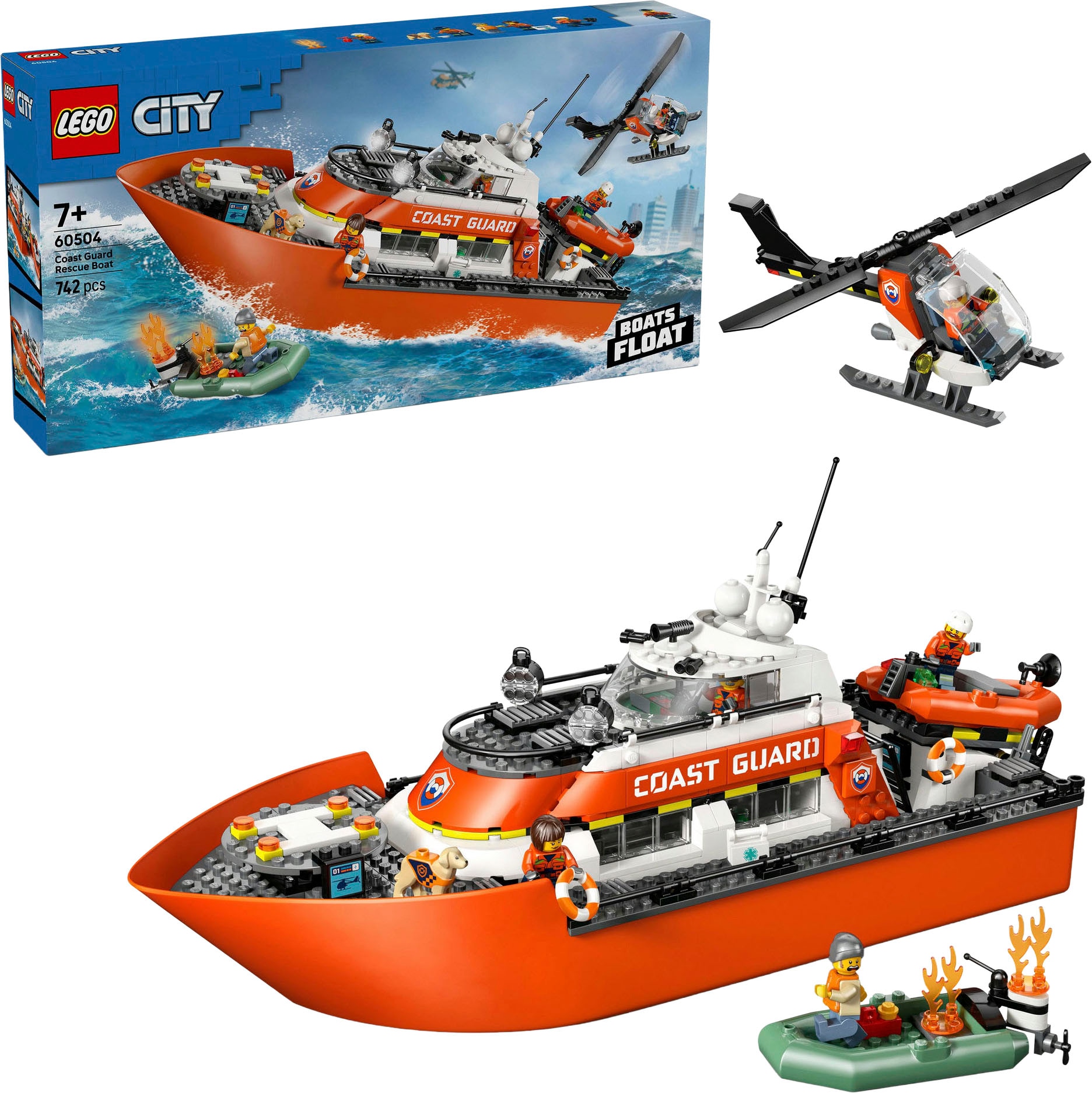 LEGO Kinder Konstruktionsspielsteine "Rettungsboot der Küstenwache mit Hubschrauber (60504), LEGO City", orange, Kunststoff, Spielbausteine, Made in