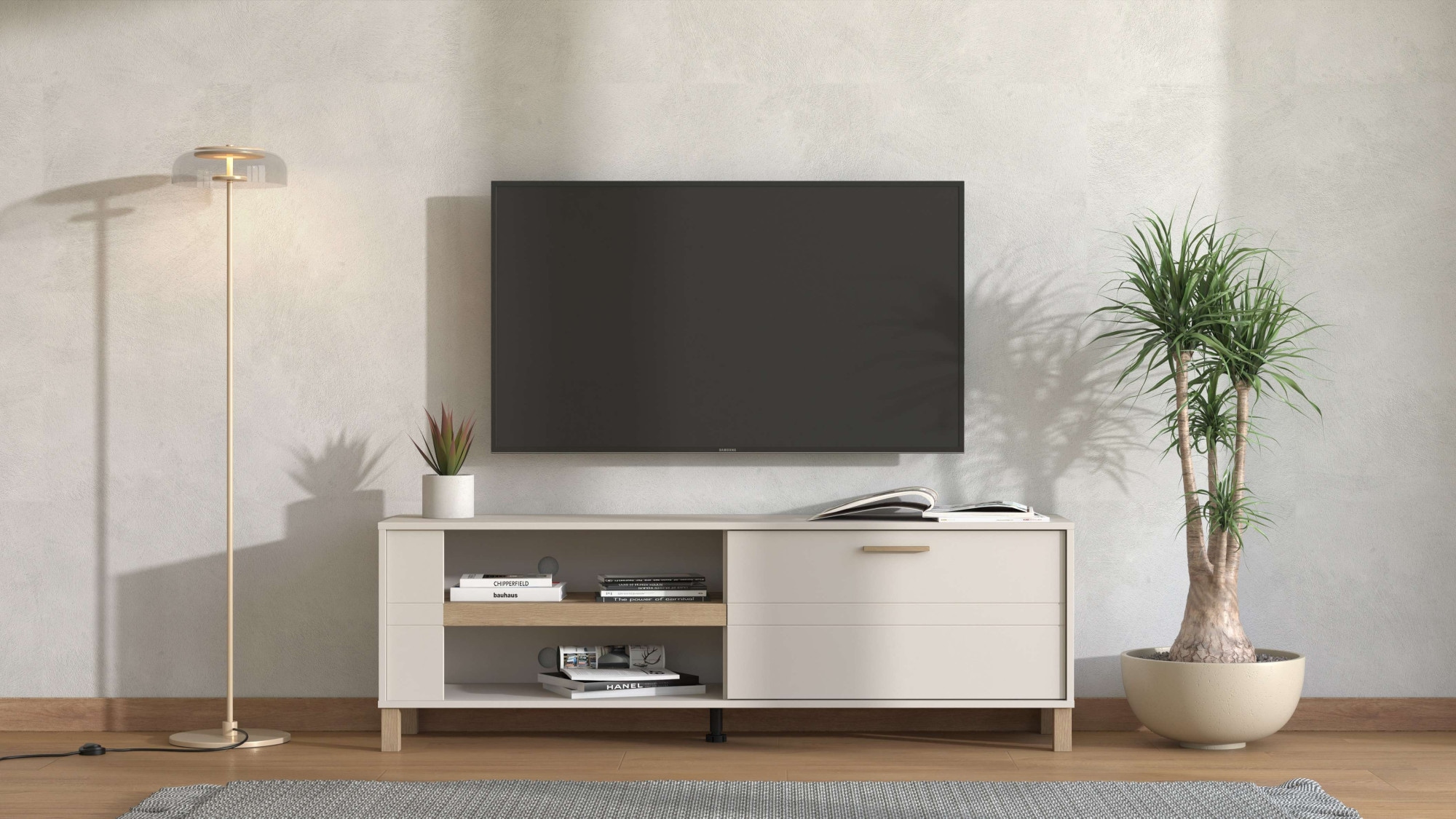 Home affaire TV-Board »Sheffield TV-Bank, TV-Schrank, TV-Lowboard, TV-Möbel, Breite 157 cm«, Klapptür, 2D-beschichtetes MDF-Profil, Heißprägedetails