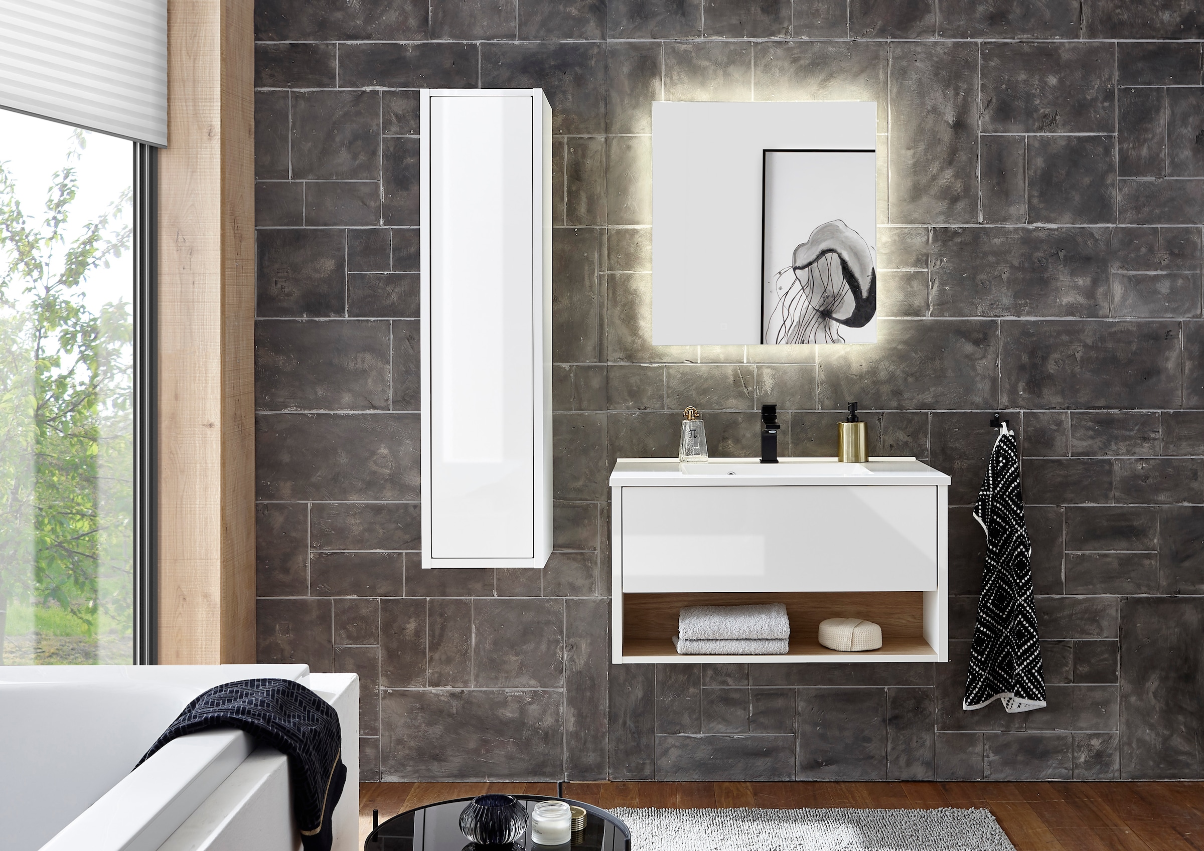 Places of Style Badmöbel-Set »Studio Line, Bad im modernen Design, 3-teiliges Badezimmer«, (3 St.), Schrank, Waschtisch und Spiegel, in zwei Farben verfügbar, Stauraum