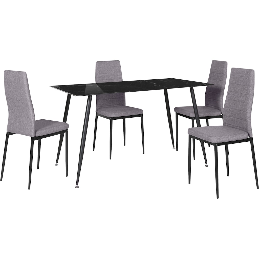 Homexperts Essgruppe »Romeo + Zeus«, (Set, 5 tlg.), Glastisch, Breite 140 cm und 4 Esszimmerstühle, Bezug in Webstoff