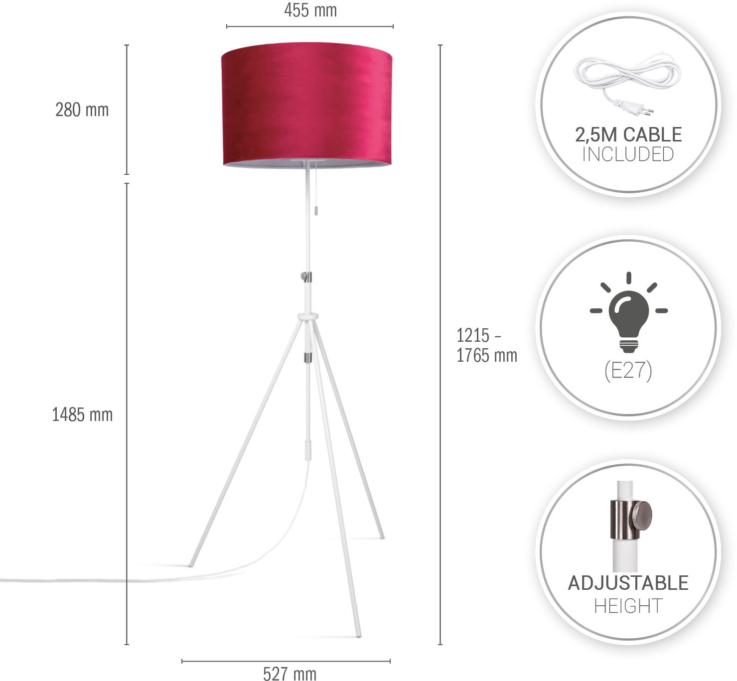 Paco Home Stehlampe »Naomi uni Color«, Wohnzimmer Höhenverstellbar 121,5  bis 176,5 cm Zugschalter Velour günstig kaufen | BAUR