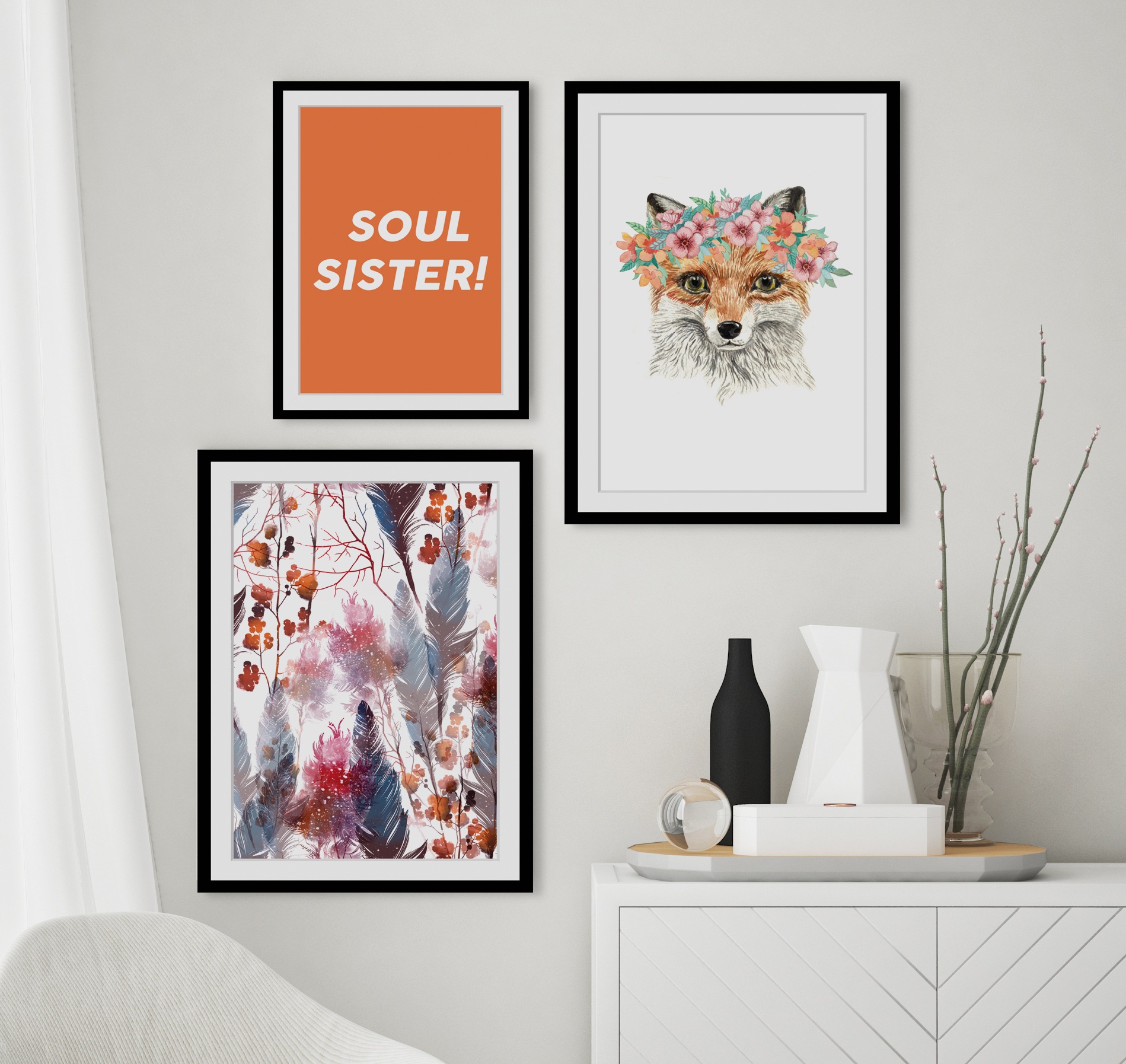 queence Bild "Ida" Blumen  Blumenbilder  Federn  Kunst  Pflanzen  Pflanzenbilder HD Premium Poster-Druck inkl. Holzrahmen