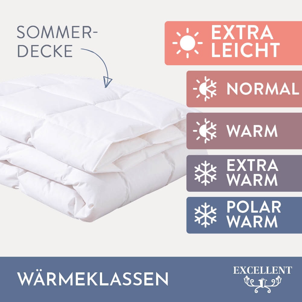 Excellent Daunenbettdecke »Wien, Bettdecken für Sommer und Winter, Decke«, leicht, Füllung 90% Daunen, 10% Federn, Bezug 100% Baumwolle, (1 St.), Bettdecke 135x200 cm, made in Germany, allergiker geeignet (Hausstaub)