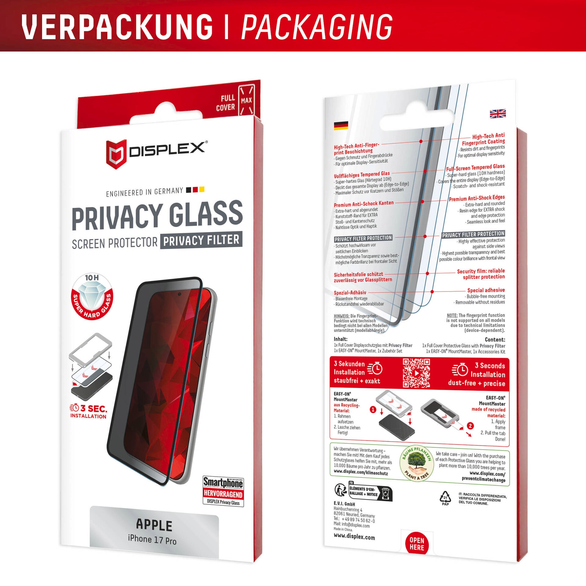 Displex Displayschutzglas »Privacy Glass Screen Protector mit EASY-ON MountMaster« für Apple iPhone 17 Pro Displayschutzfolie, Schutzfolie, Bildschirmschutz, kratz- & stoßfest
